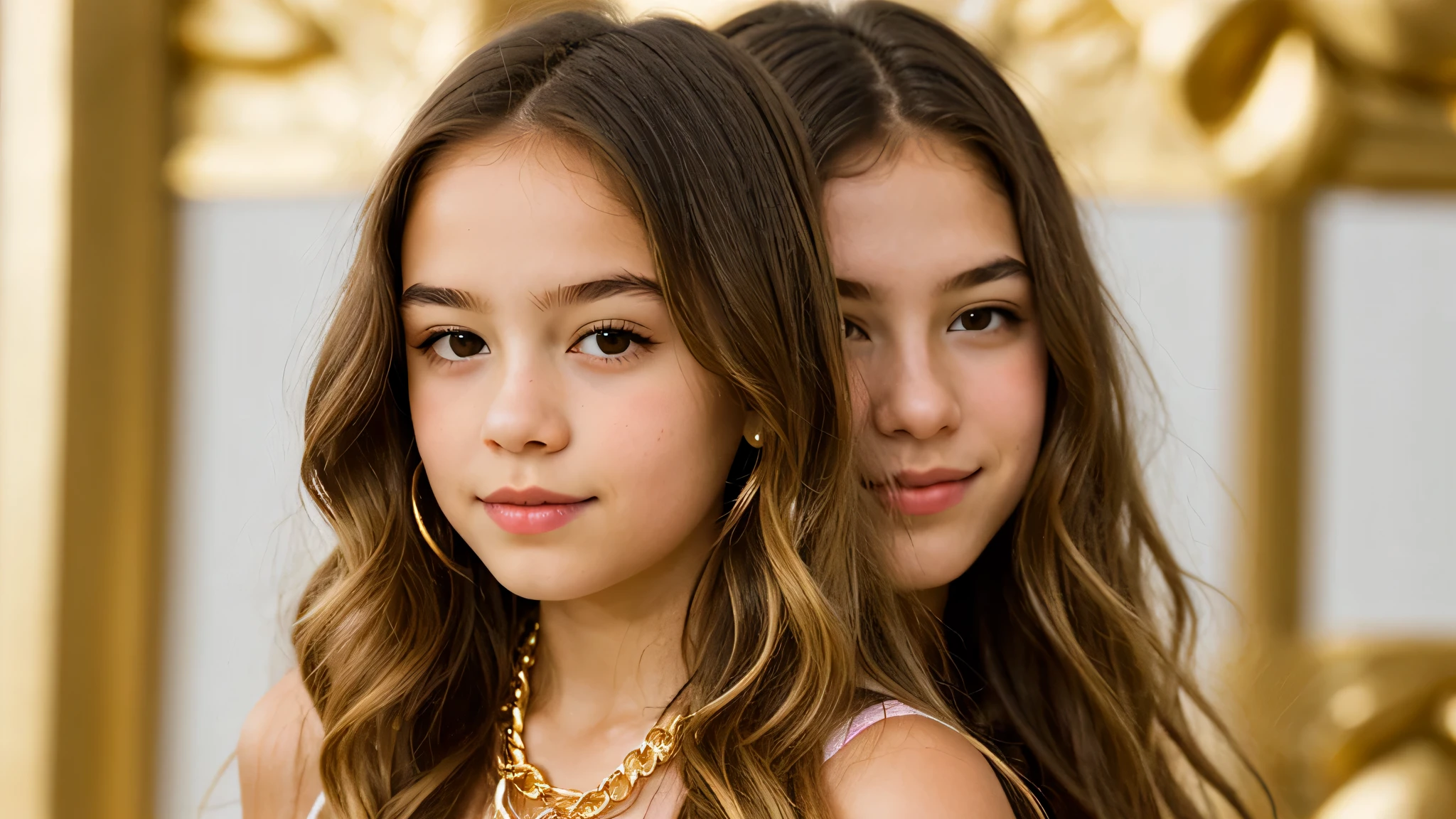 BLONDIES gold LONG HAIR close up, beautiful gold saint, background gold chains