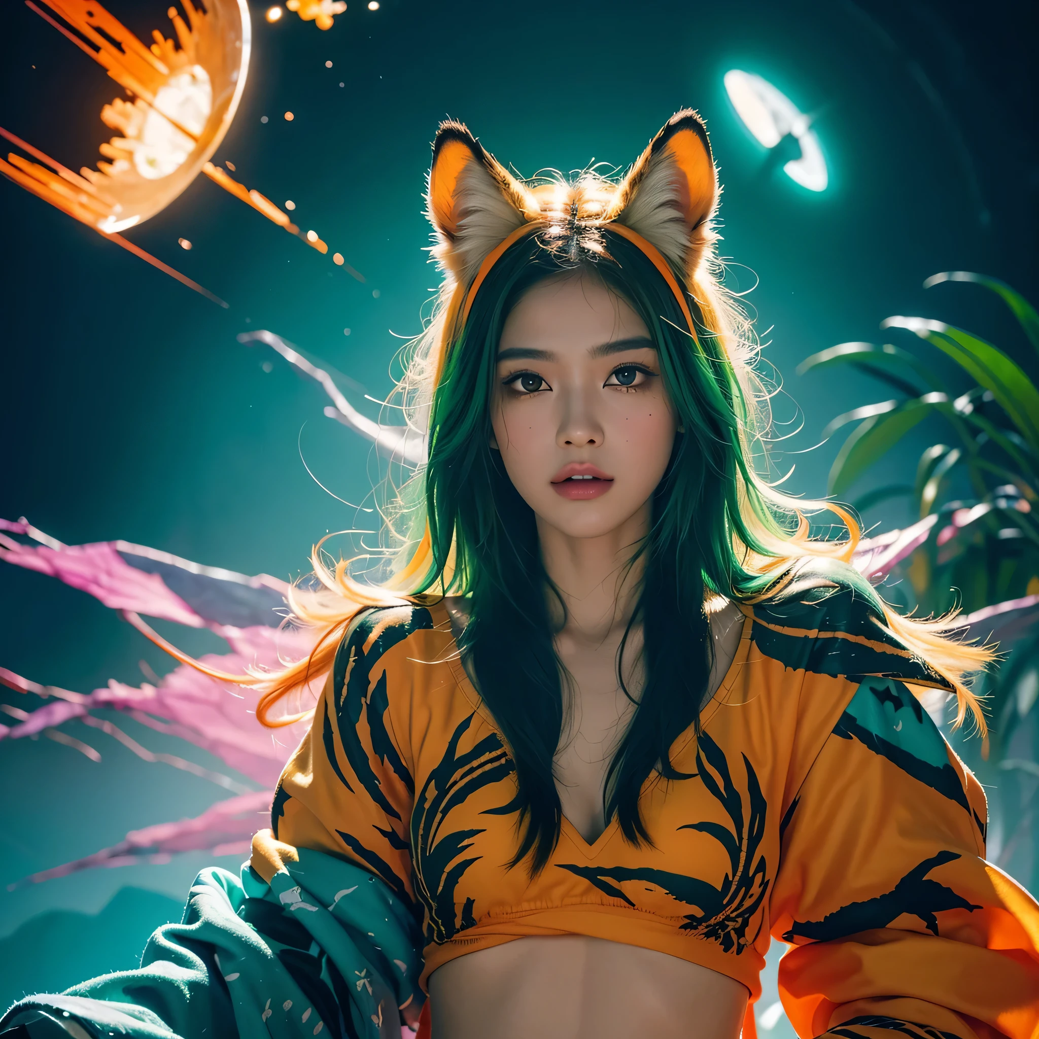 (masterpiece:1.1), (highest quality:1.1), (HDR:1.0), extreme quality, cg, (negative space), detailed face+eyes, 1girl, fox ears, animal ear fluff, (plants:1.18), (fractal art), (bright colors), splashes of color background, colors mashing, paint splatter, complimentary colors, neon, (thunder tiger), compassionate, electric, limited palette, synthwave, fine art, tan skin, upper body, (green and orange:1.2), time stop, sy3, SMM