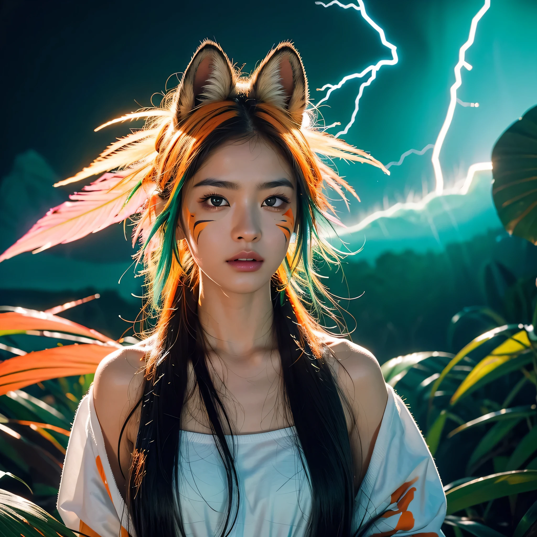 (masterpiece:1.1), (highest quality:1.1), (HDR:1.0), extreme quality, cg, (negative space), detailed face+eyes, 1girl, fox ears, animal ear fluff, (plants:1.18), (fractal art), (bright colors), splashes of color background, colors mashing, paint splatter, complimentary colors, neon, (thunder tiger), compassionate, electric, limited palette, synthwave, fine art, tan skin, upper body, (green and orange:1.2), time stop, sy3, SMM