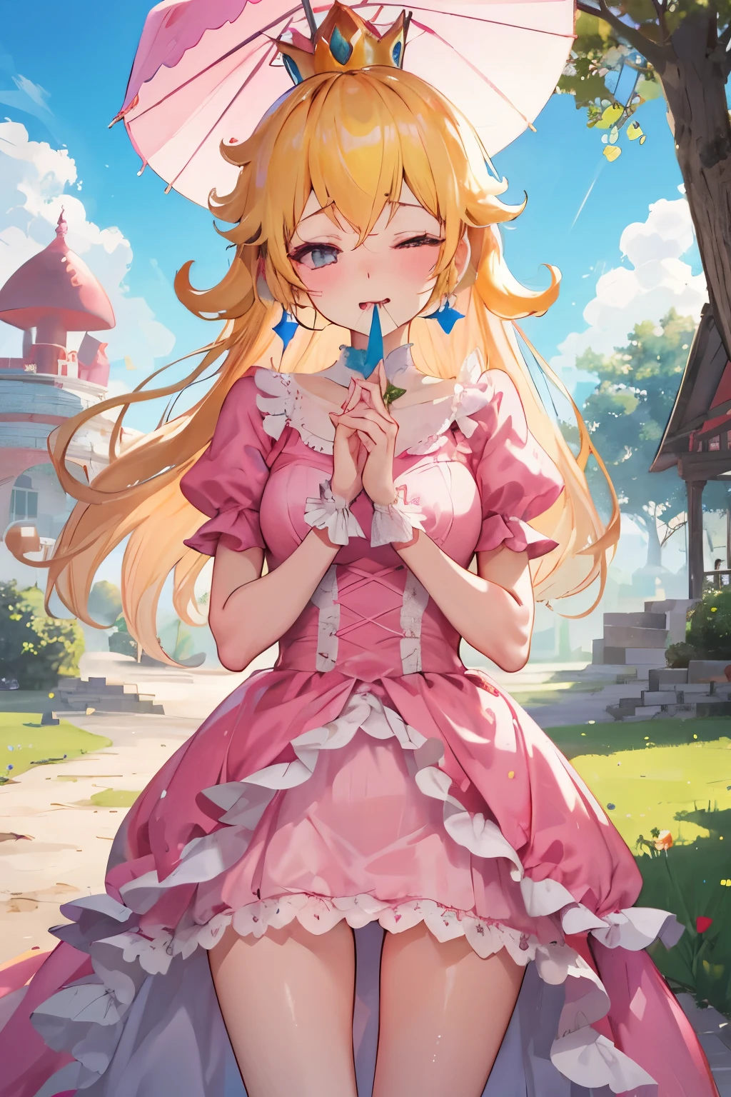 Princess Peach in the Mushroom Kingdom The wind blows and I can see my pubic hair under the long skirt of my pink dress. the parasol is in the air His mouth is closed and he looks embarrassed looking down Both hands are holding down the skirt Her eyes are half open and she looks very naughty. I can see the whole body