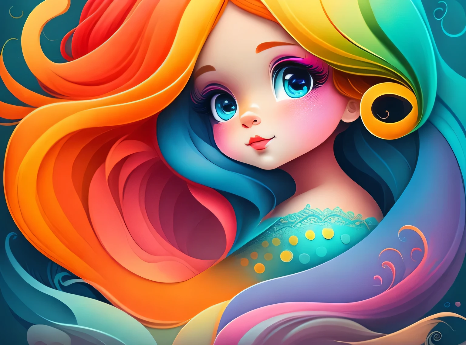 the colorida abstract of cute little mermaid, (colorida,altamente detalhado,arte vetorial)