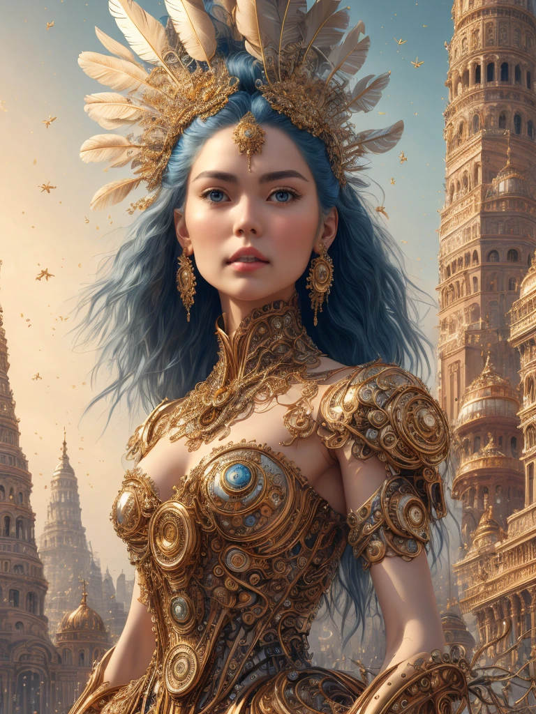 Work in the style of Vladimir Kush, WLOP and James Jean very detailed and intricate depiction of a mechanical or cybernetic human girl, Exquisite Portrait, ultra quality, 16 k, against the backdrop of a fantastic metropolis, mega tall skyscrapers in the background, space elevators , Very detailed, probably, inspired by steampunk and futuristic themes. face, Appears, красивое русское face, white porcelain leather, blue routines, golden flowers covered with red glaze, polished surfaces, metal and mechanical components, gold, posing for a photo, Indian girl theme, tall feather headdress, gold and platinum feathers, face из белого фарфора, doll, 1 face, Close-up,