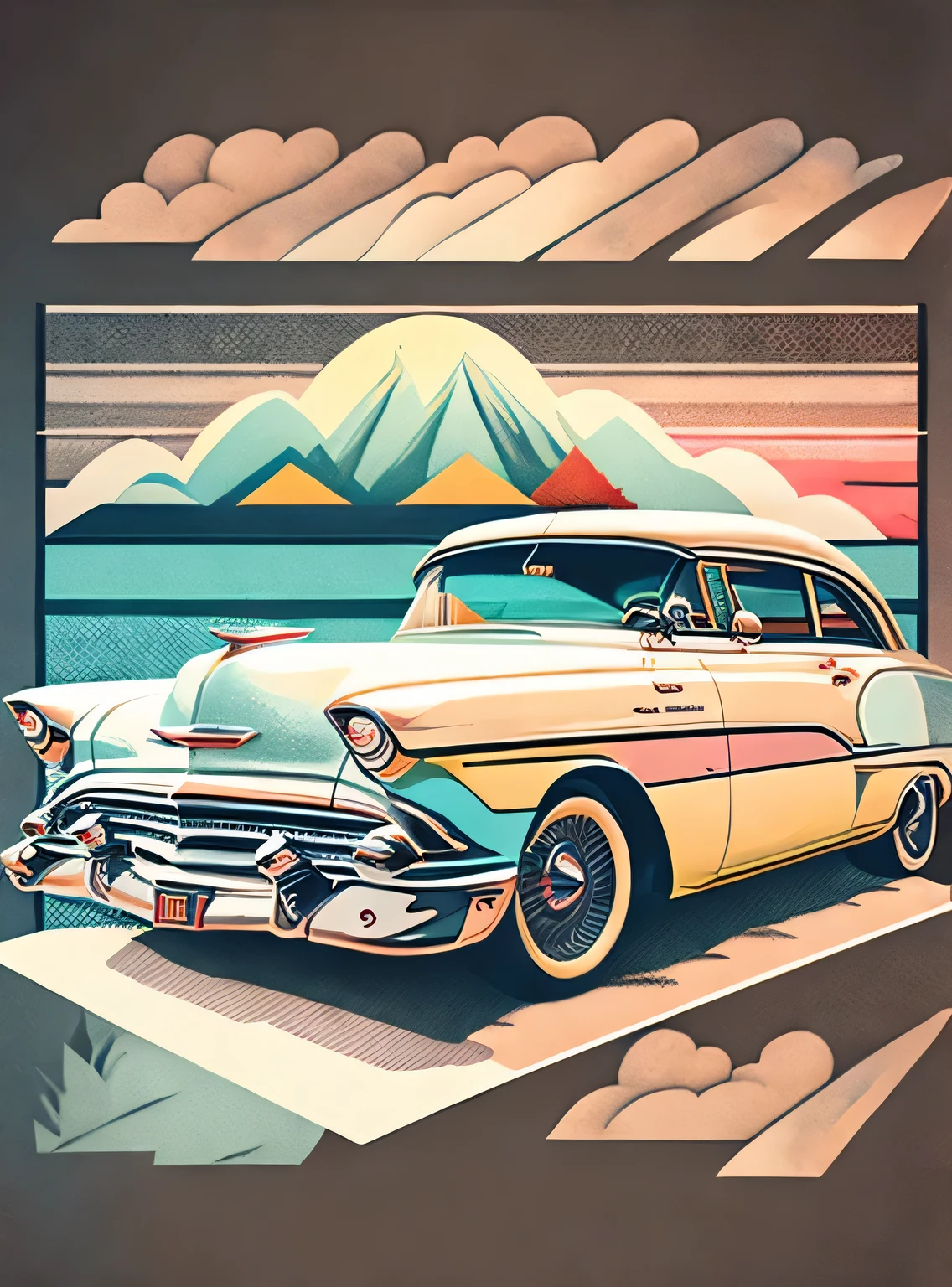 Art for t-shirt graphic design, a retro graphic design, carros antigos, Rua Miami, cor suave de quatro cores, tom pastel vintage, limpo altamente detalhado, imagem vetorial, obra-prima realista, fotografia profissional, carro realista, fundo do nascer do sol do carro, fundo preto plano, isometric, vetor vibrante