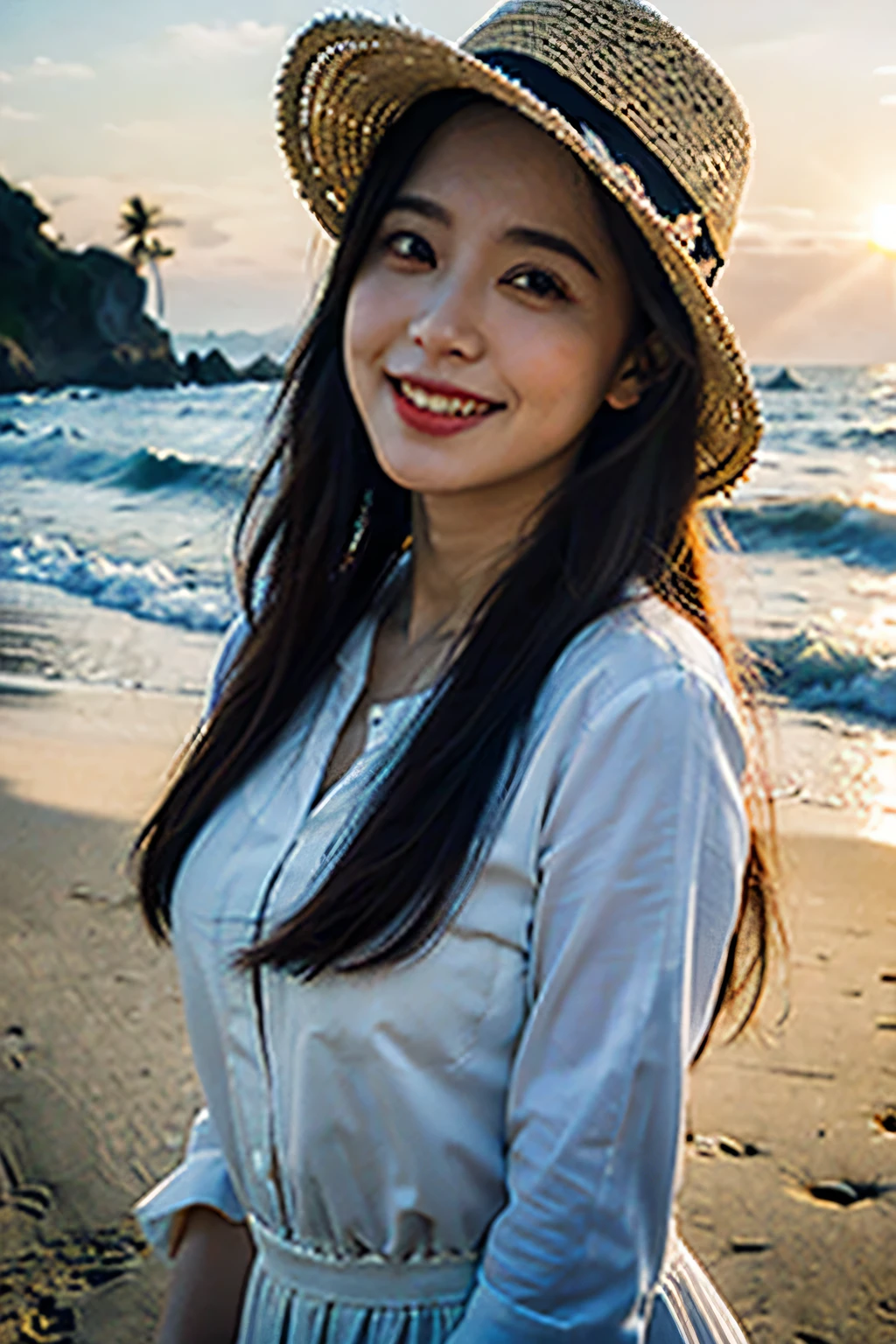 Mejor calidad,obra maestra,1 girl from an imaginative Macanese female page,Cabello crudo,El fondo es playa,al amanecer,celda sombreada,Efecto anaglifo,ultra high resolution,Fondos de pantalla oficiales de Unity 8K extremadamente detallados,ultra high resolution,Ultra alta calidad,Sonrisa
