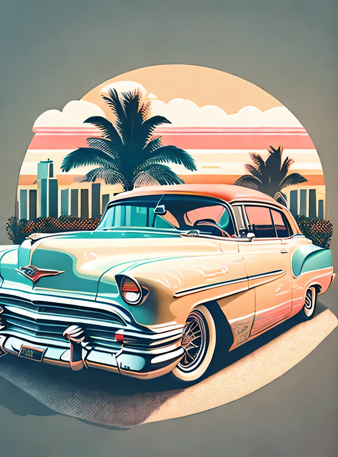 Art for t-shirt graphic design, a retro graphic design,  carros antigos, Rua Miami, cor suave de quatro cores, tom pastel vintage, limpo altamente detalhado, imagem vetorial, obra-prima realista, fotografia profissional, carro realista,  fundo do nascer do sol do carro, fundo preto plano, isometric, vetor vibrante