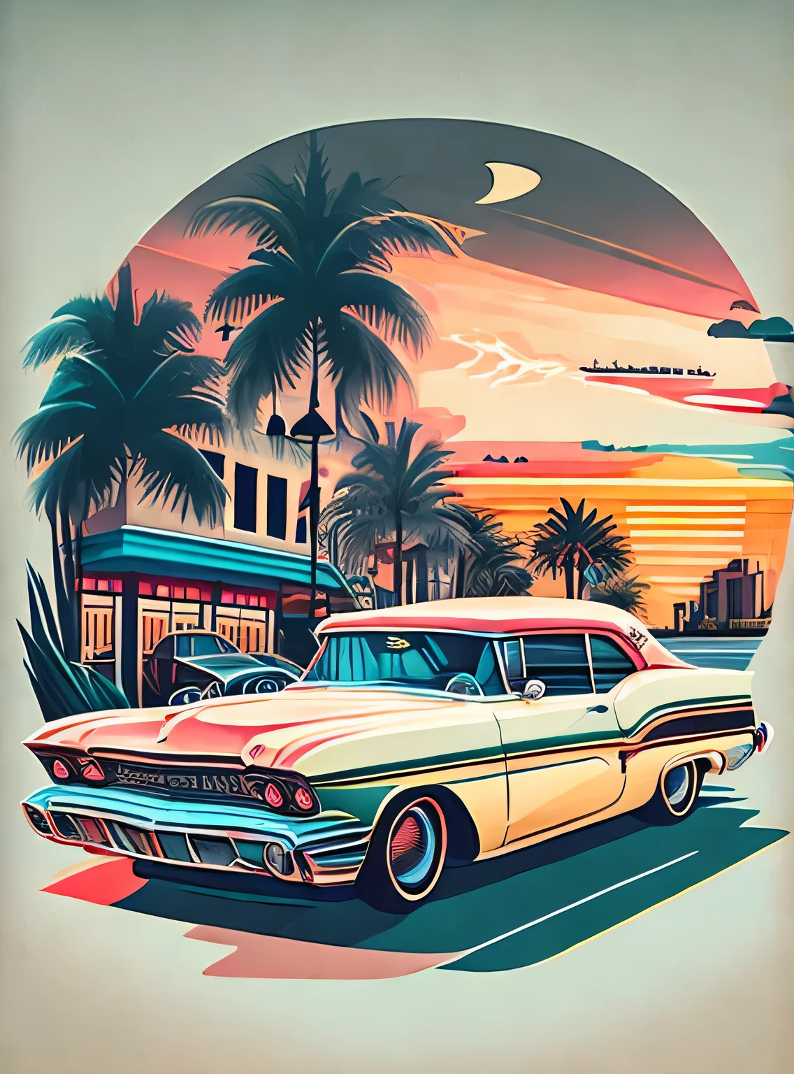 Art for t-shirt graphic design, a retro graphic design,  carros antigos, Rua Miami, cor suave de quatro cores, tom pastel vintage, limpo altamente detalhado, imagem vetorial, obra-prima realista, fotografia profissional, carro realista,  fundo do nascer do sol do carro, fundo preto plano, isometric, vetor vibrante