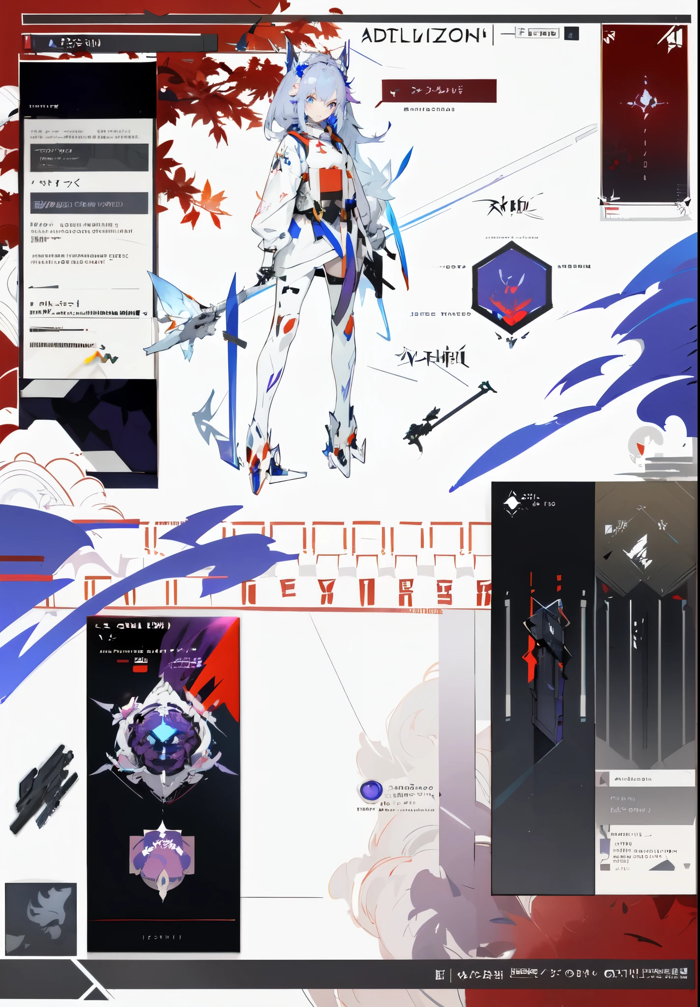 (((a video game artbook concept page with red and blue purple theme))), leafs and floweres, sci-fi objects, with a bunch of items, from arknights, ethereal and mecha theme, style of duelyst, pixiv style, pc game with ui, featured on pixiv, shadowverse style, trending on pixiv, onmyoji detailed art, arknights, pixiv frontpage, trending on artstation pixiv