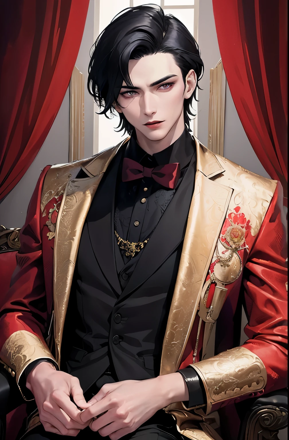 (masterpiece, top quality, best quality, official art, beautiful and aesthetic:1.2), extreme detailed, colorful, highest detailed, one man, tall, medium black hair reaching shoulders, light purple eyes, pale vampire skin, fit body, broad shoulders, 20 years old, charming, (vampire), charming smirk, handsome, red blazer with black shirt, dark living room