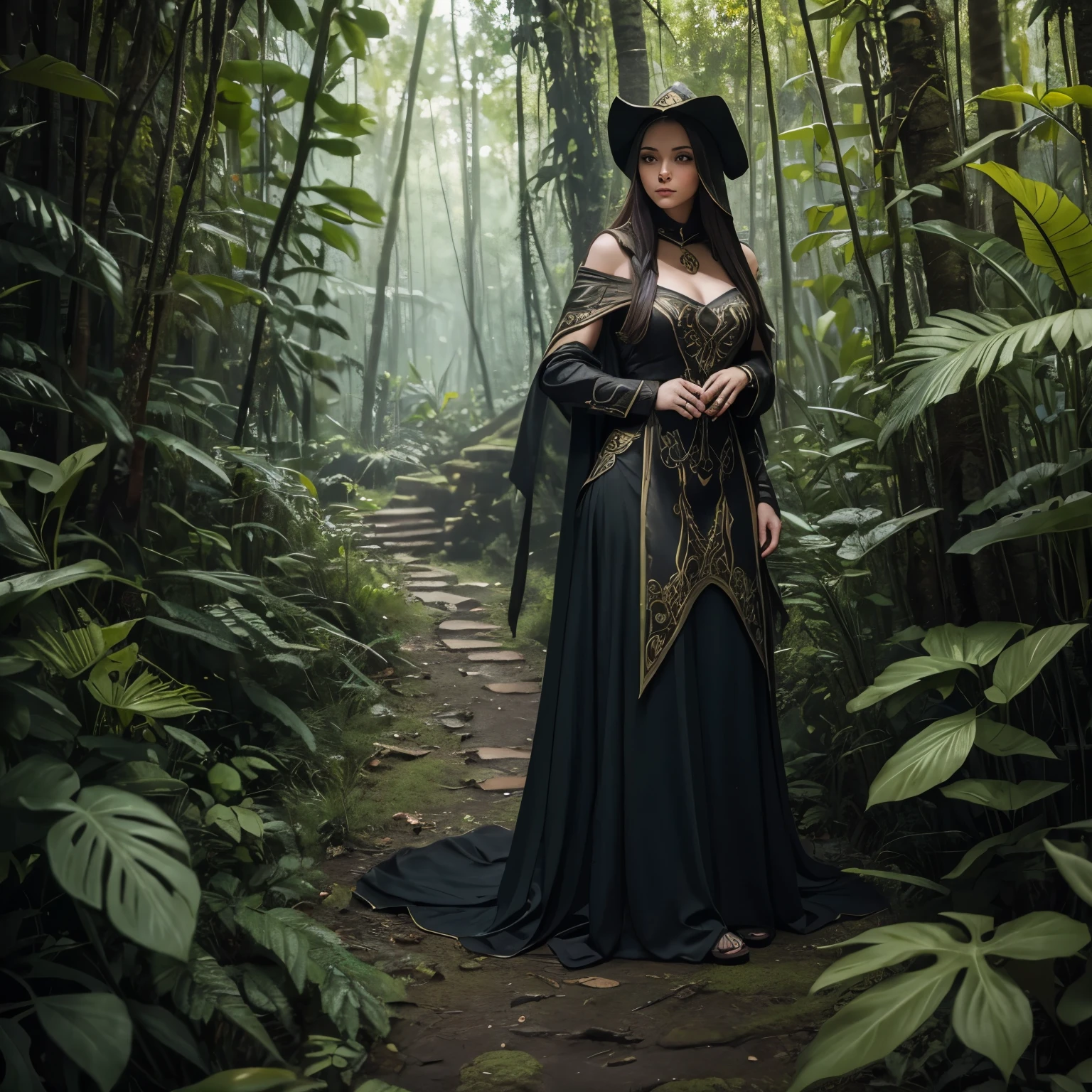 (Best quality)), ((masterpiece)), full length girl, mage, mageия, witchy, In the jungle, in a medieval dress