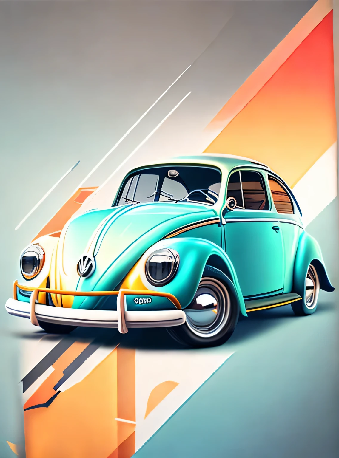 T-shirt graphic design art, a modern graphic design, VW Fusca, rua miami, cor suave de quatro cores, tom cinza vintage, limpeza altamente detalhada, imagem vetorial, obra-prima realista, fotografia profissional, carro realista, fundo simples do nascer do sol do carro, fundo transparente plano, isometric, vetor vibrante