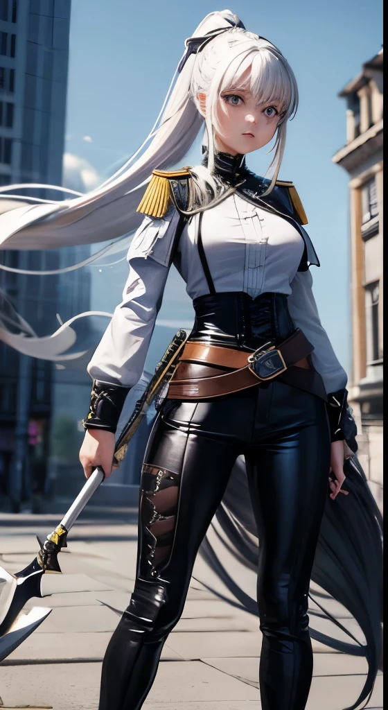 adult girl, long white hair, high ponytail, Blue eyes, wicked, pigeon general's clothing, black pants, polearm, masterpiece, High quality