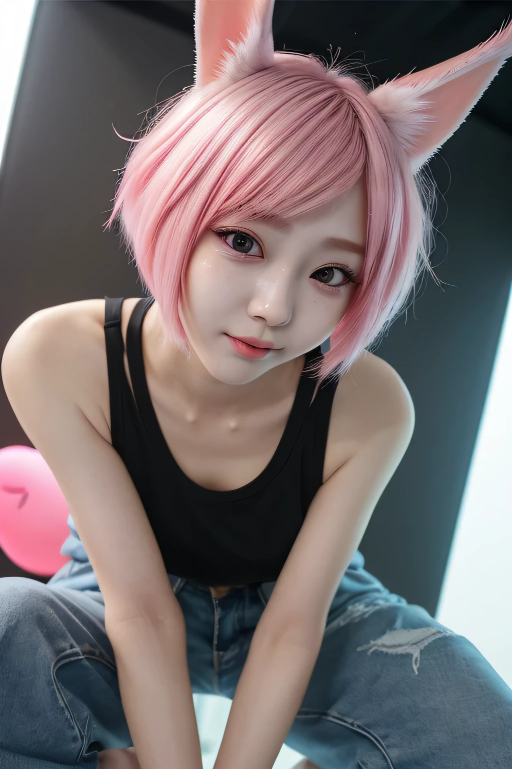 Callejones en Tokio、ciudad de noche、Neon Street、Bien deportivo、Jeans cortos、cabello rosado、Orejas de conejo realistas、orejas de conejo pelo rosado sobresaliendo de la cabeza,,,,,,,,,、sonrisa、Fascinating atmosphere、Hermosas manos con forma、k-pop、orejas de conejo rosa、1 chica en、solo、 obra maestra、de primera calidad、realista、hiperdetalle、(piel brillante:1.4)、absurdo、pelo corto rosa、Bellezas esbeltas、dynamic lighting、high resolution、Sharp focus、profundidad de campos、(grueso apretado:1.0)、un delgado :1.2、:1.5、((Pelo bob de corte corto))、((k-pop:1.3))、Textura facial y de piel muy detallada.、((encantador))、Anatomically correct number of fingers、Correct anatomy、Angle from below