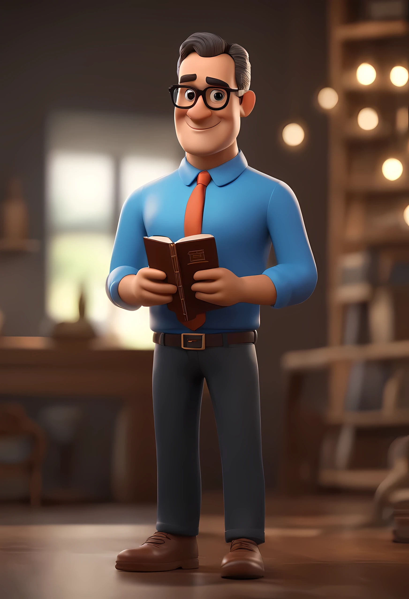 Cartoon character of a man with black glasses and a blue shirt, Bible in hand, animation character, Caractere estilizado, animation style rendering, 3D estilizado, Arnold Maya rendering, Stylized 3D rendering, toon render screenshot, Personagem 3D, Personagem 3D, Stylized 3D rendering, 3D character rendering, personagem de desenho animado, Personagem de close up, Pose de personagem,  (Estilo Pixar) (parte mestre:1.2) (Bokeh) (melhor qualidade) (pele detalhada) (textura detalhada) (8k) (argila) (cinematic lighting) (sharp focus