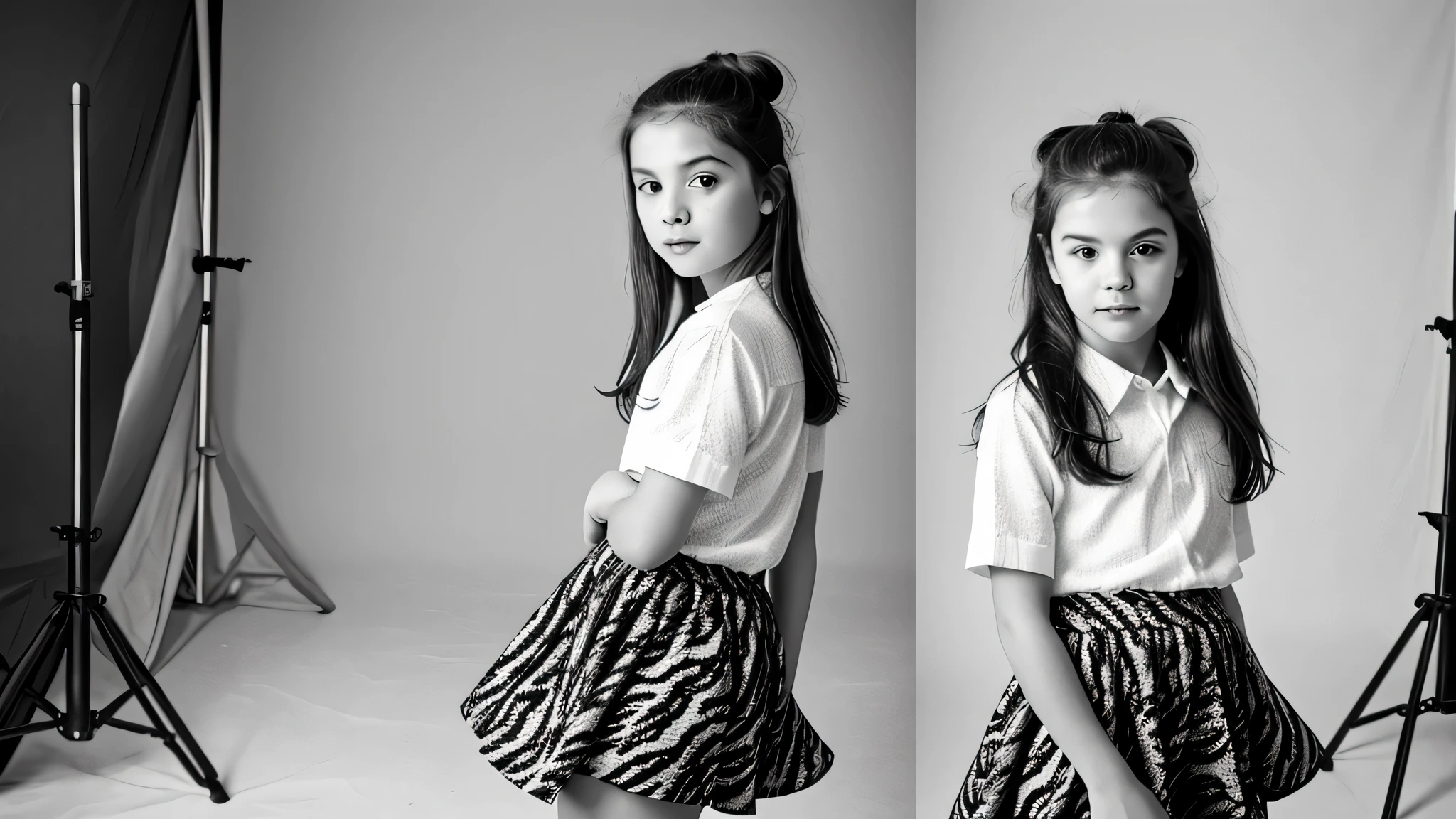 girl blonde hair bun in a zebra print skirt posing for a picture, in black and white, back and white, studio potrait, b&w photo, modeling shoot, young girl, 12 yale model, black and white picture, she is about 1 2 years old, shothoto studio, studio shoot