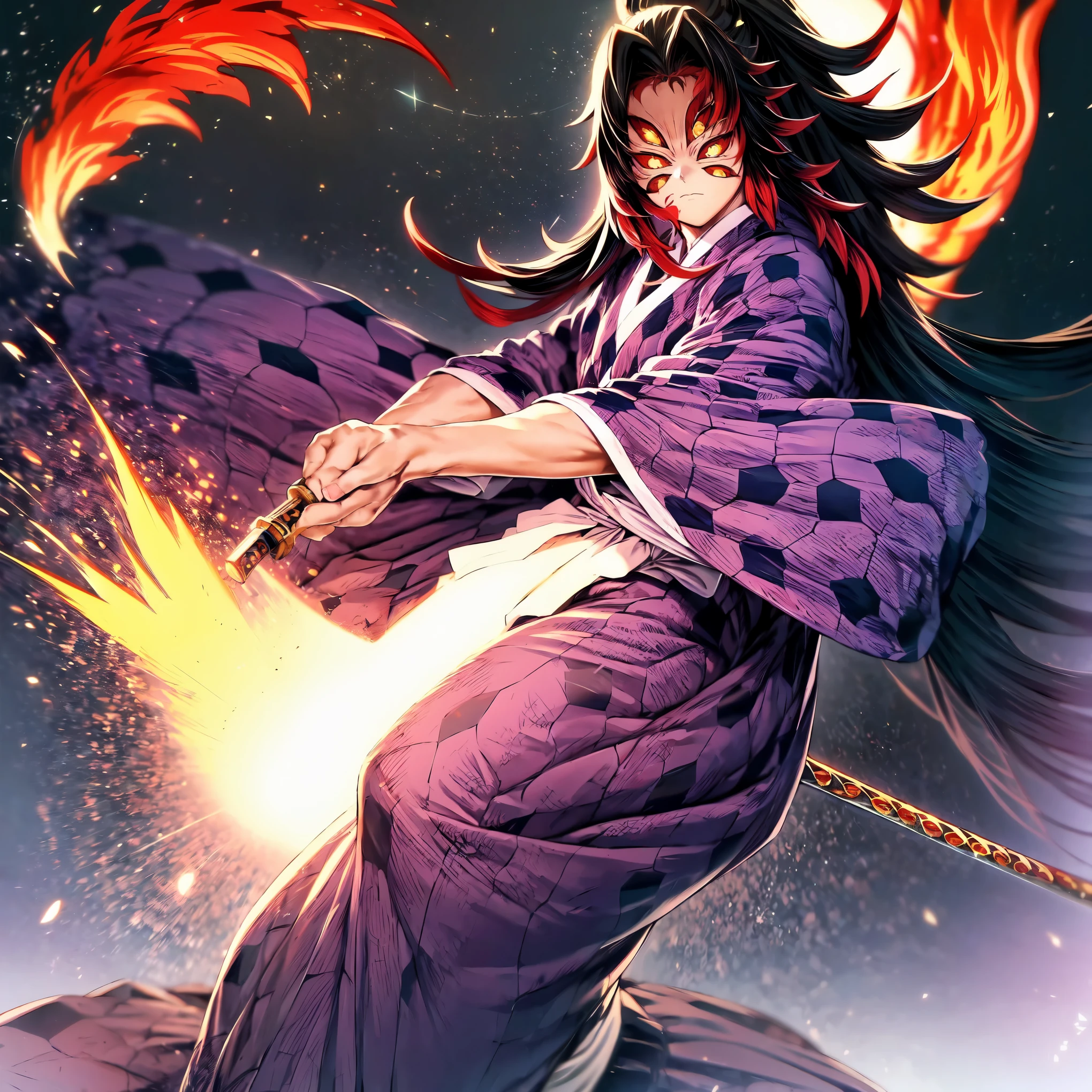 Kokushibo, cool, dynamic, 8k, with Kokushibo's sword, in fire(best quality, 8k, highres, masterpiece:1.2), dynamic, powerful, intense, beautiful detailed eyes, detailed facial features, flowing long hair, (wearing kimono), confident stance, fierce expression, sharp and elegant sword holding in his hands, vibrant blue flaming surrounding Kokushibo, ((full body)), exquisite attention to clothing and armor details dramatic lighting and shadows, realistic fire effects, rich and saturated colors, capturing the essence of Kokushibo's strength and presence,harmonious composition, masterfully capturing the intensity and energy of the scene.
