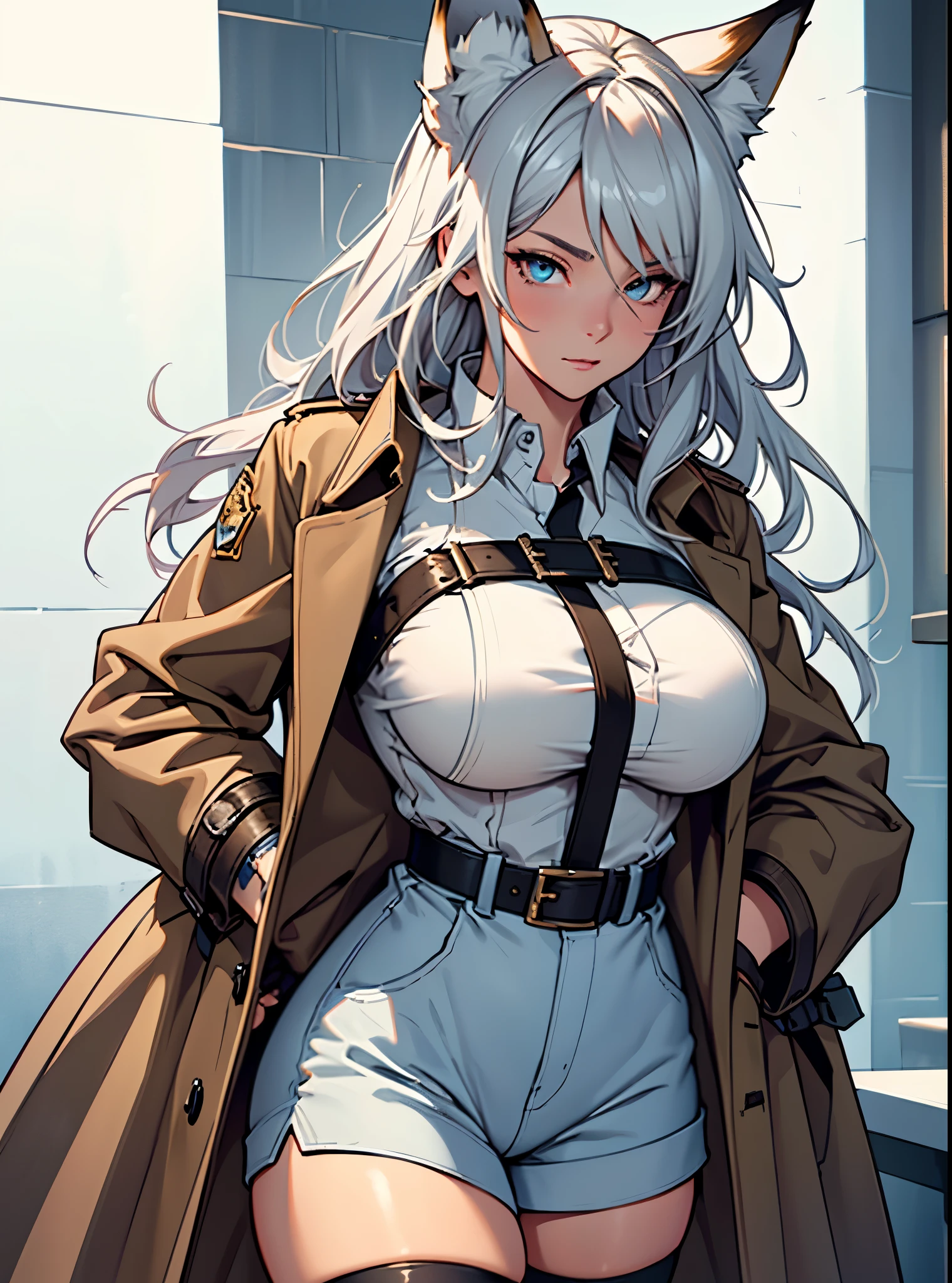 Ultra-detailed，high resolution，Ultra-detailed，Best quality，amazing，quality，intricate details，Extremely detailed CG unified 8k wallpaper，Draw a female character，Draw a 26 year old woman，silver hair，fox ears，Eyes covered with bandages，Wearing a brown trench coat，Wearing blue hot pants，huge breast，Black stockings