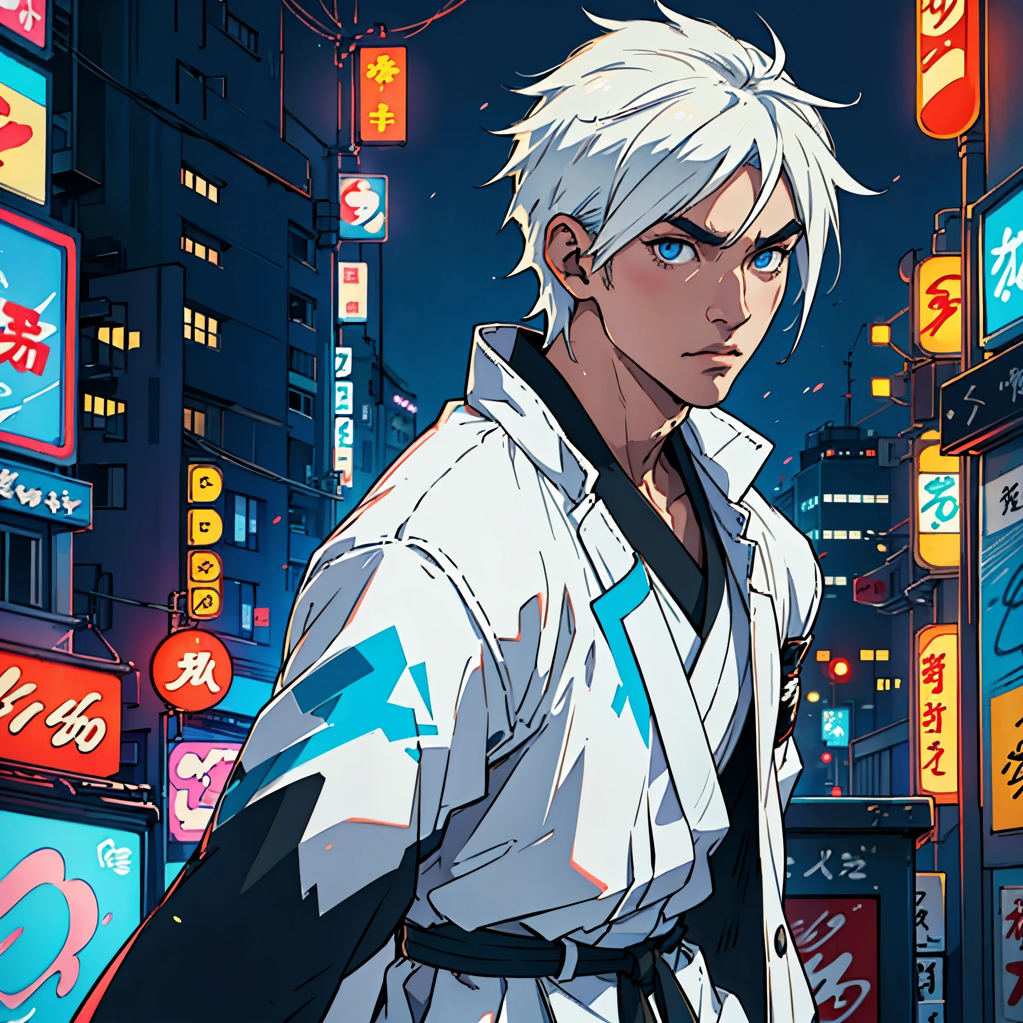 "Young Japanese man with medium-length white hair, white eyebrows, blue eyes, dressed in Japanese streetwear style, (best quality, highres, realistic:1.37), vivid colors, urban, cityscape, neon lights, bustling streets, stylish accessories, modern Tokyo, contemporary fashion, anime influence, graffiti art, cinematographic composition, atmospheric lighting, dynamic pose, confident expression, contrasting textures, urban backdrop, energetic vibe"
