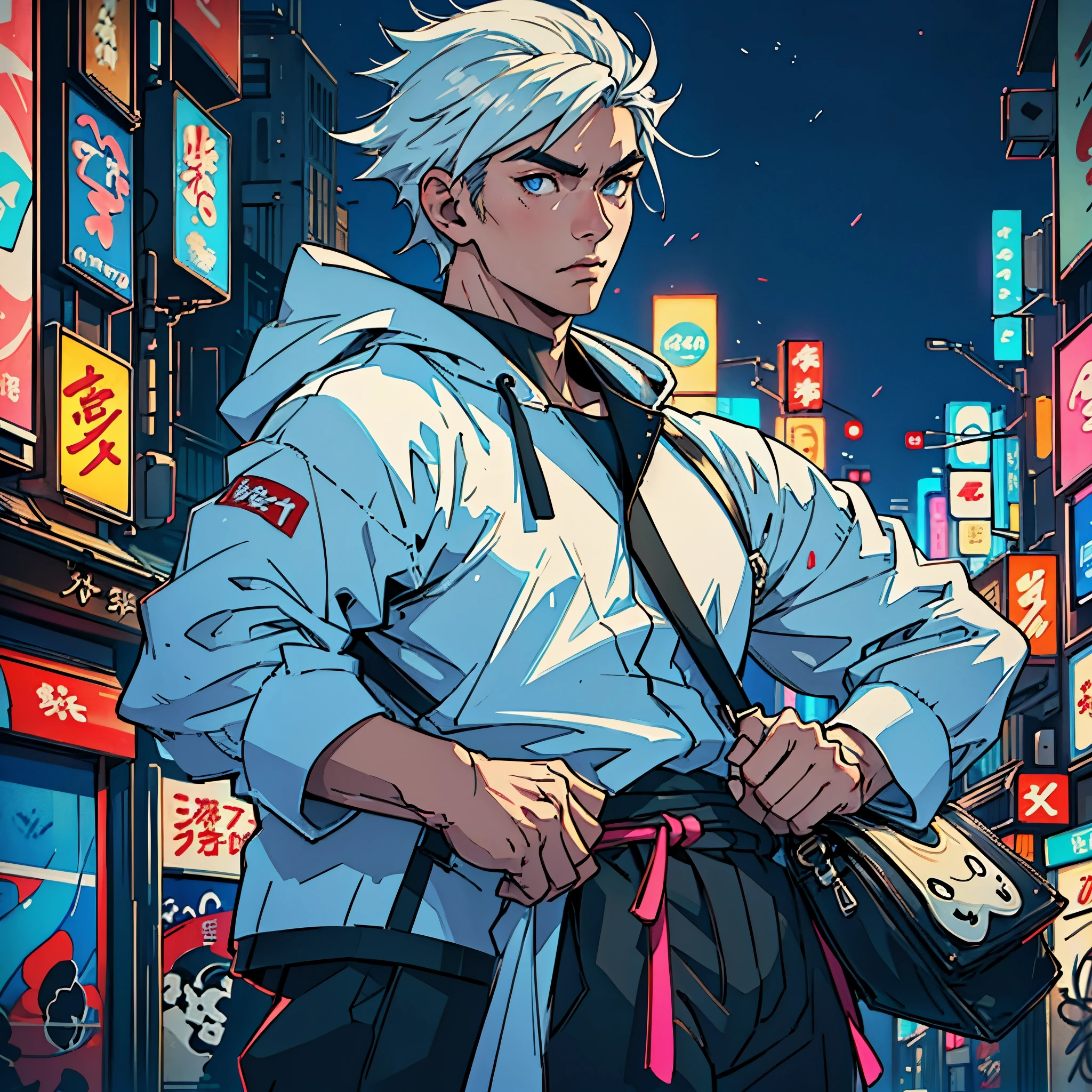 "Young Japanese man with medium-length white hair, white eyebrows, blue eyes, dressed in Japanese streetwear style, (best quality, highres, realistic:1.37), vivid colors, urban, cityscape, neon lights, bustling streets, stylish accessories, modern Tokyo, contemporary fashion, anime influence, graffiti art, cinematographic composition, atmospheric lighting, dynamic pose, confident expression, contrasting textures, urban backdrop, energetic vibe"