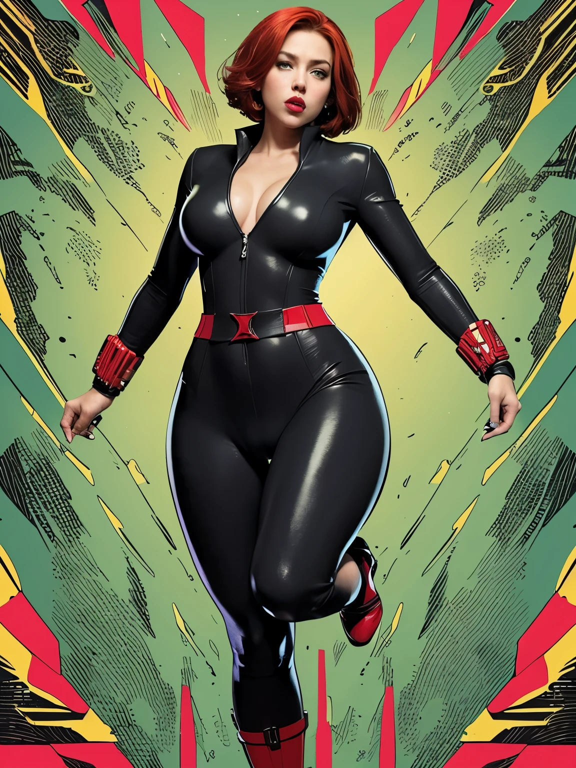 Hyperrealistic. ((Sticker collage)). (COMIC STYLE, CARTOON ART).  A comic book-style image of Black Widow, with her as the central figure. She is on the move. She wears a black outfit, with a red buckle on her waist and a red bracelet on her arm.  (((hot body, sexy, sensual, camel toes))). She has short, straight red hair, green eyes and red lips. She has a determined and vigilant expression, as if she is ready to fight crime. ((( Abstract comic background)))