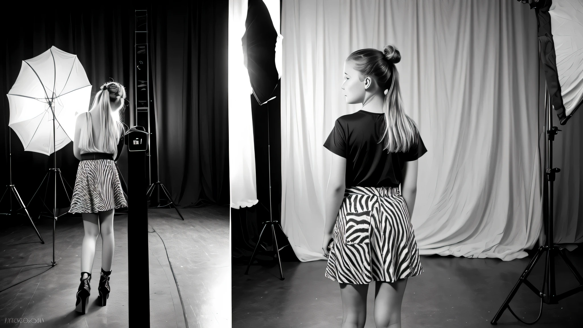 kids girl blonde hair bun in a zebra print skirt posing for a picture, in black and white, back and white, studio potrait, b&w photo, modeling shoot, young girl, 12 year old female model, black and white picture, she is about 1 2 years old, shot in the photo studio, studio shoot