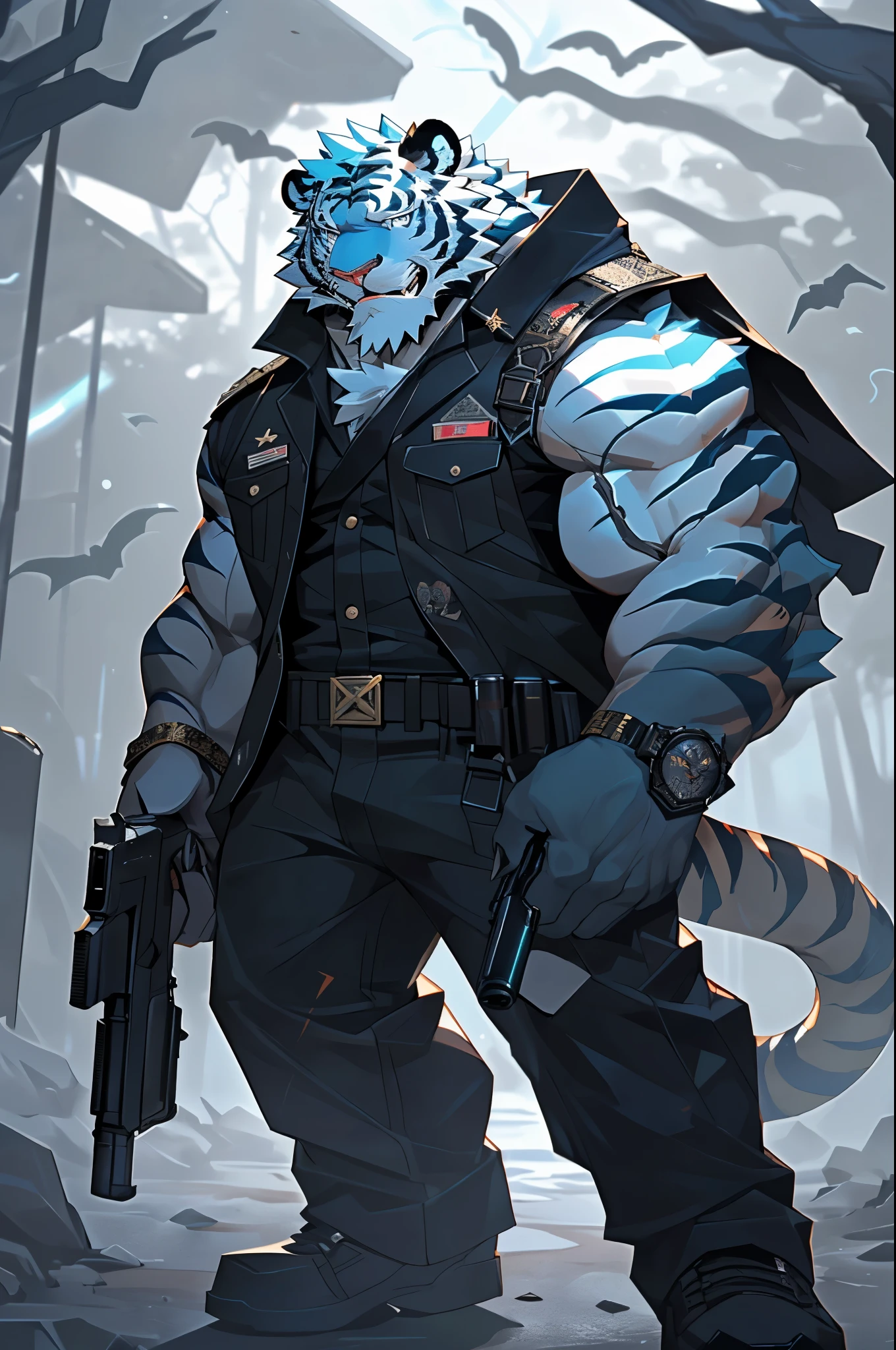 anime character with tiger , tiger_beast, Firmware version, high resolution committee, ((tiger)), gigachad muscular, muscular!!, Tik, muscular!, anthropomorphic tiger, muscular character, 库沙special·肯兹, Super detailed!!, muscular!!!, beefy, full body commission, Full body details are very rich,((16k)),((special)),(The two eyes are different in color,Different pupils:1.8),HD,(Colored hair:1.5),(Wearing a damaged combat uniform:1.5),solo,(表情perseverance:1.3),hope,((One eye is blue,The other eye is gold:1.5)),(A pair of eyes with different pupil colors:1.5),((perseverance:1.6)),((perseverance的看着:1.5)),(front:1.3),HD,(cg),(perfect hands),(perfect face),(Very detailed face:1.5),(Put on a military cap:1.3),(Military clothes cover the arms),(((Very detailed eyes))),(((Holding a gun in hand))),((Spooky woods)),((Gloomy weather)),((covered in wounds))