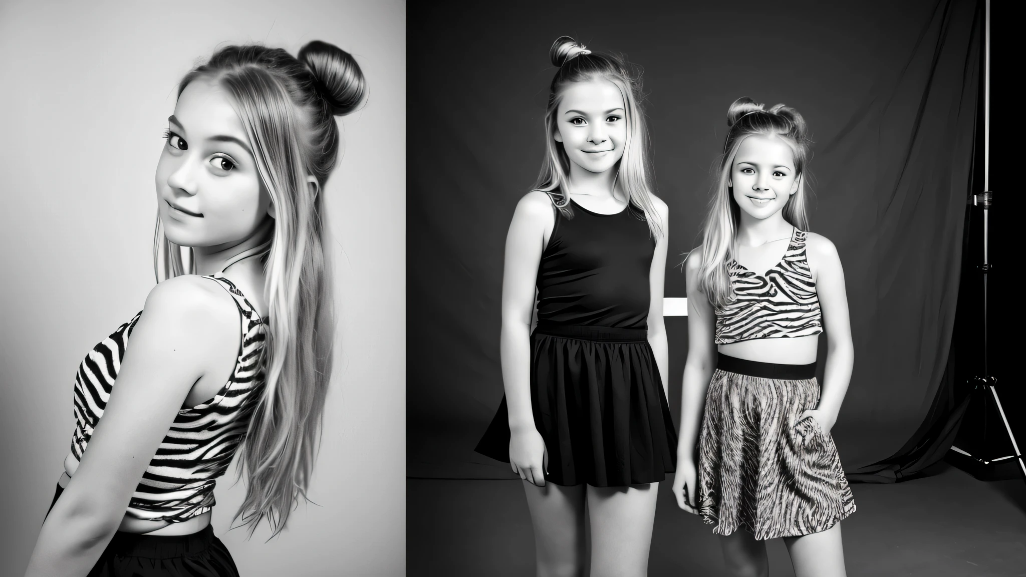 girl blonde hair bun in a zebra print skirt posing for a picture, in black and white, back and white, studio potrait, b&w photo, modeling shoot, young girl, 12 yale model, black and white picture, she is about 1 2 years old, shothoto studio, studio shoot