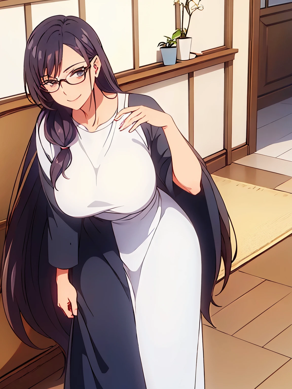 1 milf, long hair, wearing glasses, wearing a white t-shirt and long black trousers , smiling 