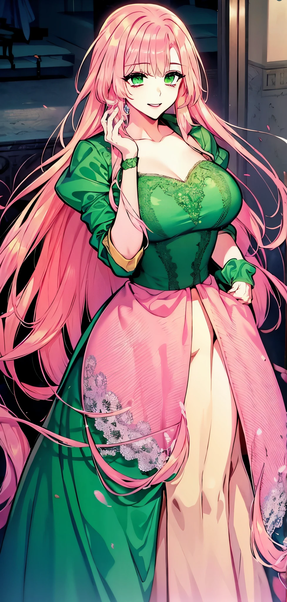 Pink hair, green eyes, Evil woman with beautiful long dress.