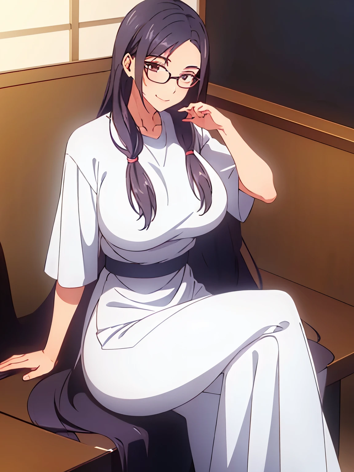 1 milf, long hair, wearing glasses, wearing a white t-shirt and long black trousers , smiling, sitting and crossing her legs