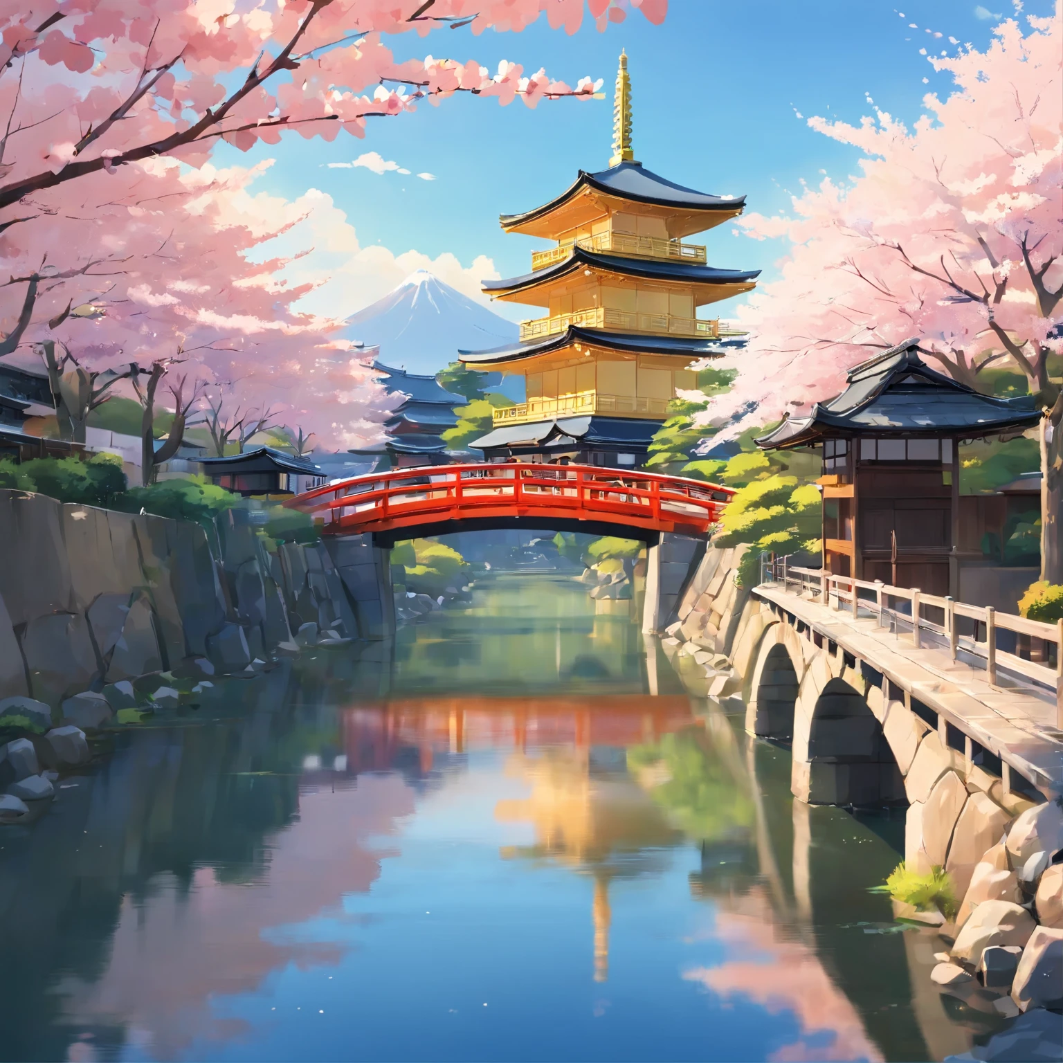 Transportation to historic Kyoto, Japan, Through images that capture the essence of the tradition and beauty of this iconic city. In this scene, Cultural assets of Kyoto, A place where ancient and modern meet in fascinating ways.
in the center of the image, hall々The towering Kinkaku-ji Temple, Also known as the Golden Pavilion. Basking in the morning sun, Its walls are shining gold, Reflecting the calm surface of the lake that surrounds it. Surrounded by meticulously designed gardens, A temple that looks like a precious jewel surrounded by lush nature.
The cherry blossom trees are in full bloom, Decorate your landscape with soft shades of pink. Some flowers fell delicately on the shore of the lake, Create a picturesque and romantic scene.
A stone path winds through the garden, Leads visitors to a small red arch bridge that crosses the stream. The bridge feels like a link between past and present, A visual metaphor for cultural heritage and modernity coexisting in Kyoto.
No horizonte, The silhouettes of temples and pagodas stand out against the clear blue sky.. The city's narrow streets and traditional roofs、Add an authentic touch to your scene, A reminder of Kyoto's rich history as the former imperial capital.
The sky above is decorated with soft white clouds, Creates a soft contrast with the golden structure and the vibrant tones of nature.
This image will take you to a magical moment in Kyoto, Past and present intertwine in harmony、visually stunning、in a culturally significant landscape