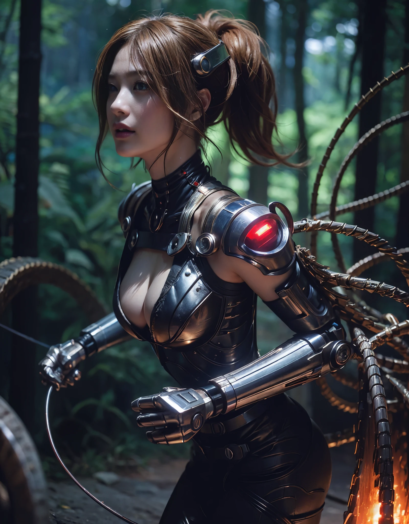 ((battle with monsters))、highest quality、masterpiece、Super high resolution、(Photoreal:1.4)、RAW photo、1 girl、golden hair、glowing skin、(((1 Mechanical Girl)))、with a beautiful knife、(Blue Metal Bodysuit)、(beautiful forest background)、(battle with monsters)、(Small LED)、((Super realistic details))、vertical giant monster background),global illumination、Shadow、octane rendering、8K、super sharp、big breasts、The bare skin of the cleavage is exposed、Metal、intricate decorative details、Japan details、very intricate details、realistic light、CG Society Trends、red eyes、Eyes shining towards the camera、neon details、(Mechanical edge blood vessels connected to tubes)、mechanical vertebrae attached to the back、cervical vertebrae mechanically attached to the neck、(Wires and cables connecting to the head)、gundam、Small LED、,mechanical thighs、two stock、(Hands are also made of machines)、(Attack of the monsters)、(injured in a deadly fight)、