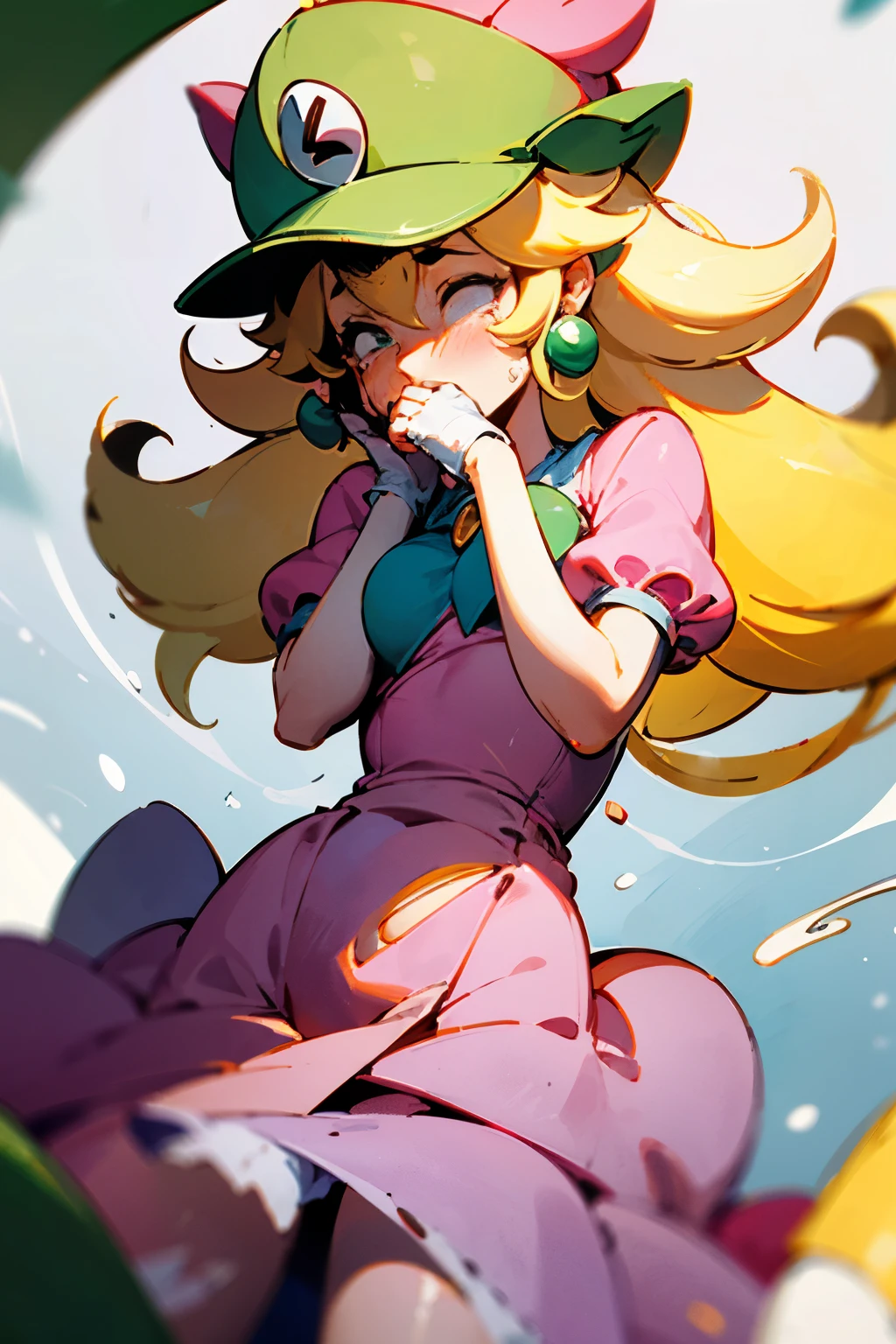 Princess Peach after being raped by Luigi Crying and looking frustrated Her pink dress is torn and her pubic hair covered in sperm is visible.。 I can see Luigi's hat