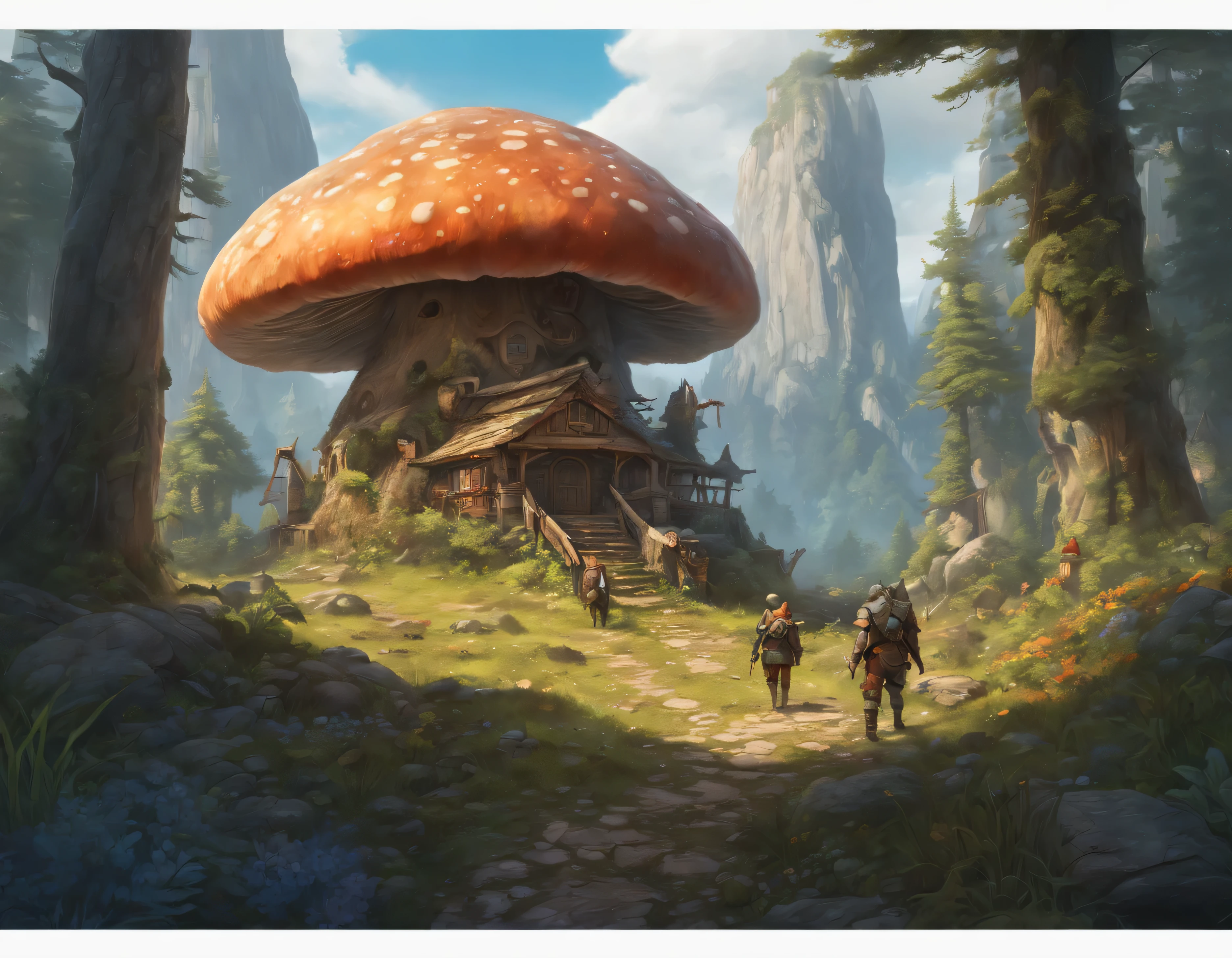 Montrez un paysage panoramique et pittoresque avec la dernière auberge à vue de loin, entouré d'une forêt de champignons géants, with couleurs vives and soft lighting (esthétique:1.2,haute résolution,HDR),traits du visage réalistes,Expressions émotionnelles,monde fantastique,Paysages élaborés,forêts enchantées,Montagnes majestueuses,Batailles épiques,Donjons dangereux,créatures magiques,armure détaillée, guerriers,Éclairage dramatique,couleurs vives,quêtes héroïques,quête de trésor,lutte contre le mal,camaraderie de compagnons,voyage pour sauver le monde,des défis inattendus,Des rencontres palpitantes,composition avec profondeur,textures riches,attention au détail,expérience immersive,sens élevé de l'aventure.