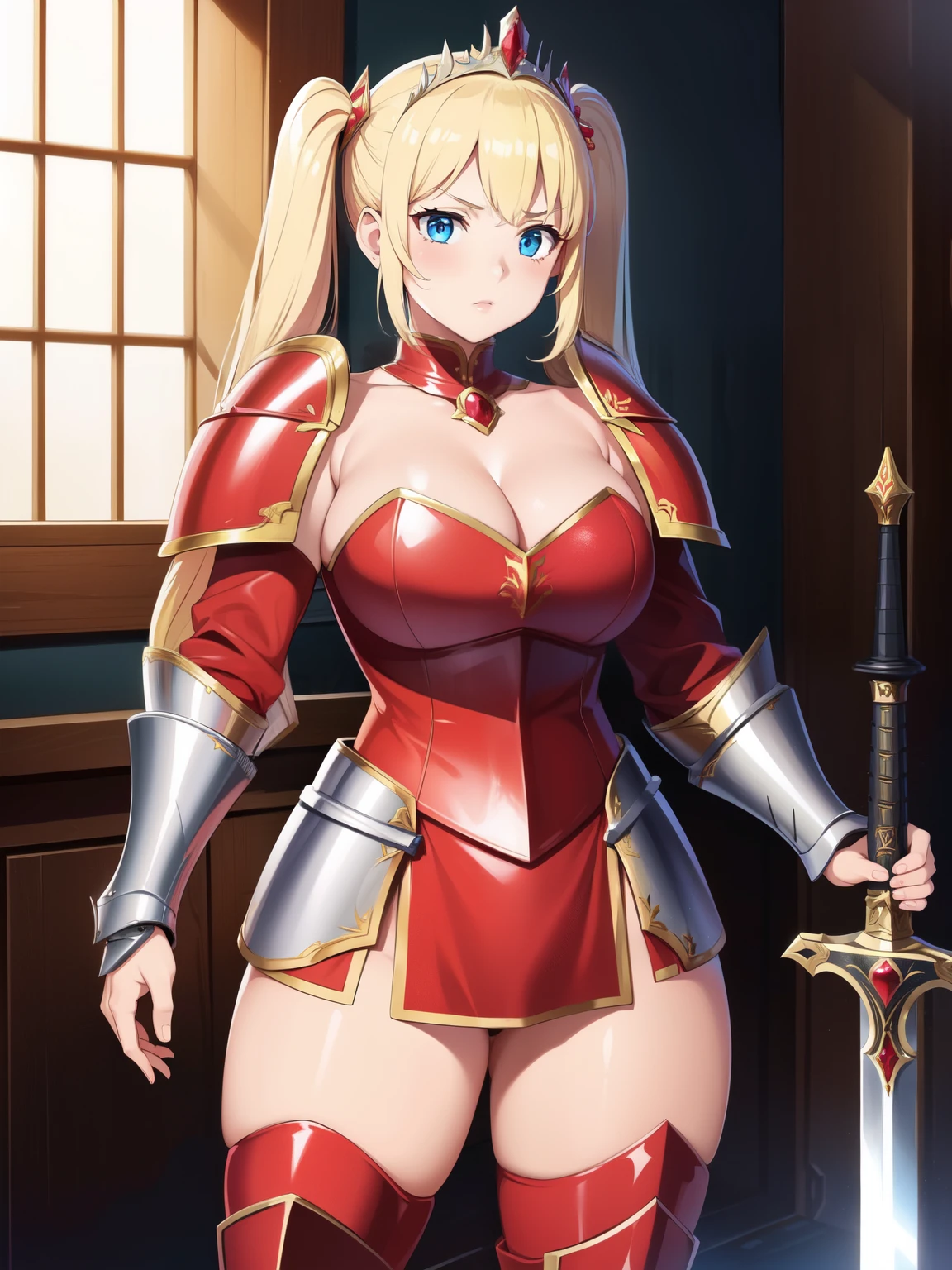 (masterpiece), best quality, fantasy art, 1girl, a female knight in metal armor holding sword, red_outfit, white_armor,cropped shoulders armor, plate armor, armor dress,gauntlets, Blonde hair,twintails, long hair, blue_eyes, ruby tiara,cleavage, thighs, thighhighs, weapeon