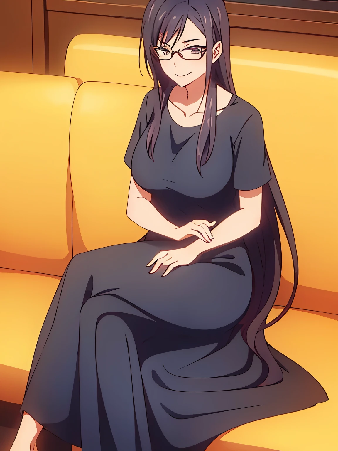 1 milf, long hair, wearing glasses, wearing a black t-shirt and long black trousers , smiling, sitting and crossing her legs