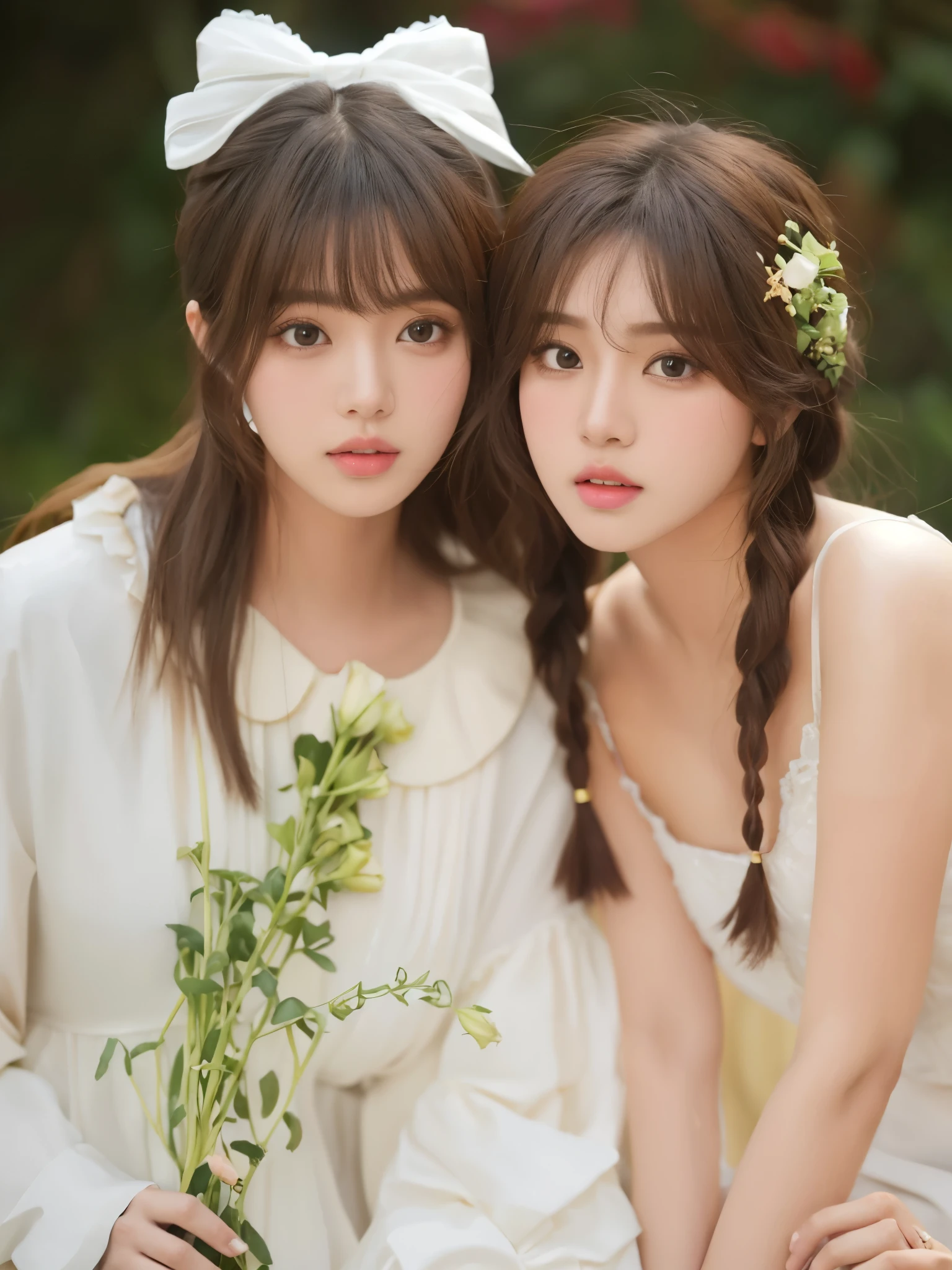 two young women sitting next to each other holding flowers, hermosos gemelos geminis portrait, nixeu y sakimichan, ulzzang, peinado de dos colas, peinado de dos coletas, hermosos gemelos geminis, lindo y encantador, two girls, wlop y sakimichan, con hiedra, dos hermosas chicas anime, encantador y lindo, con un gemelo, Asian, rubias, wonyoung IVE, rose BLACKPINK