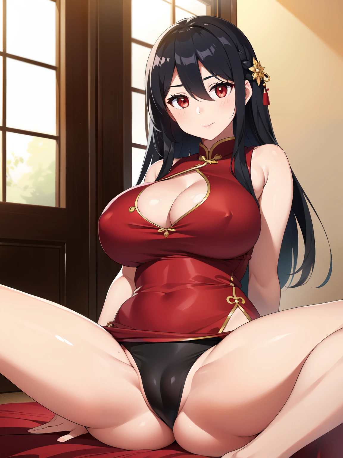 girl, red eyes, cute, (big breasts:1.1), (:1,3), black hair, long hair, hair between eyes, wearing long Cheongsam, (long hem:1.5), sitting chair, spread legs, deep slit, seductive,
(cute illustration:1.2), high-resolution, ultra-detailed, best quality, in my room,