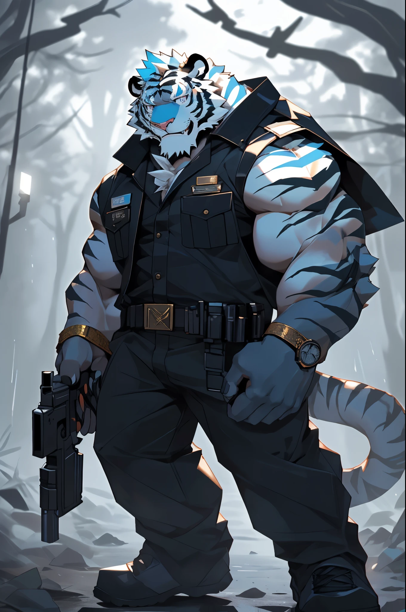 anime character with tiger , tiger_beast, Firmware version, high resolution committee, ((tiger)), gigachad muscular, muscular!!, Tik, muscular!, anthropomorphic tiger, muscular character, 库沙special·肯兹, Super detailed!!, muscular!!!, beefy, full body commission, Full body details are very rich,((16k)),((special)),(The two eyes are different in color,Different pupils:1.8),HD,(Colored hair:1.5),(Wearing a damaged combat uniform:1.5),solo,(表情perseverance:1.3),hope,((One eye is blue,The other eye is gold:1.5)),(A pair of eyes with different pupil colors:1.5),((perseverance:1.6)),((perseverance的看着:1.5)),(front:1.3),HD,(cg),(perfect hands),(perfect face),(Very detailed face:1.5),(Put on a military cap:1.3),(Military clothes cover the arms),(((Very detailed eyes))),(((Holding a gun in hand))),((Spooky woods)),((Gloomy weather)),((covered in wounds))