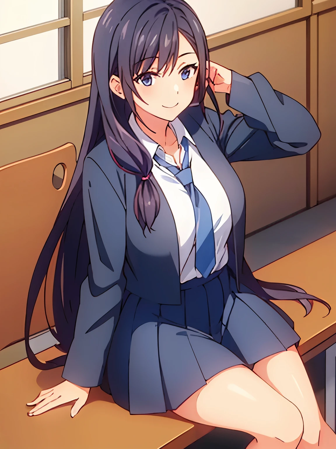1 girl, long hair, wearing school uniform, smiling, sitting and crossing her legs