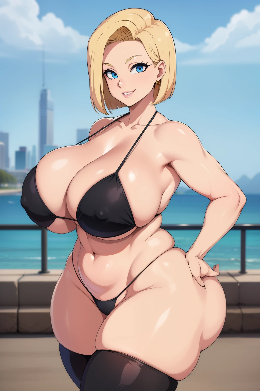 Dragon Ball, Android 18, 1girl, ((bimbo))), short blond hair, blue eyes, puffy lips, painted lips, smile face, thick lips, wide hips, thick thighs, enormous round fake breast, huge round Bella bellz ass, shiny skin, black bikini, posing