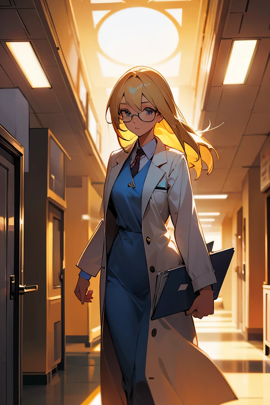 skinny girl, blonde in round glasses, doctor, in a medical gown, walks down the corridor, in the hands of a folder of documents pressed to the chest, the lights of a sun, 4k, ultra quality