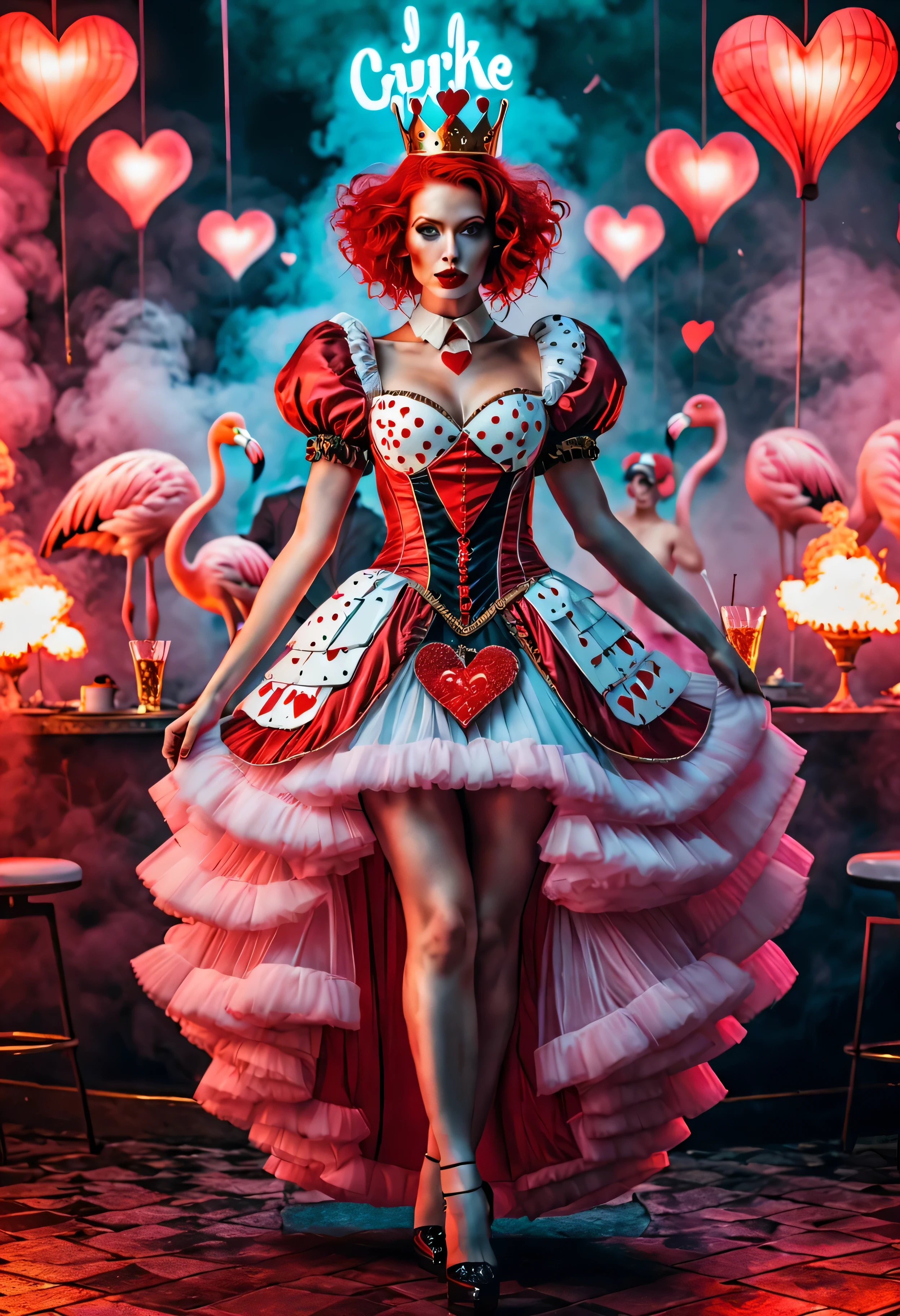 Alice in Wonderland Queen of hearts as goddess with red hair in shape of heart, dress from cards, playing golf, flamingos, lot of smoke around, mystical fog, cyberpunk neon lights, photorealistic, high details, party bar, party people dancing in background