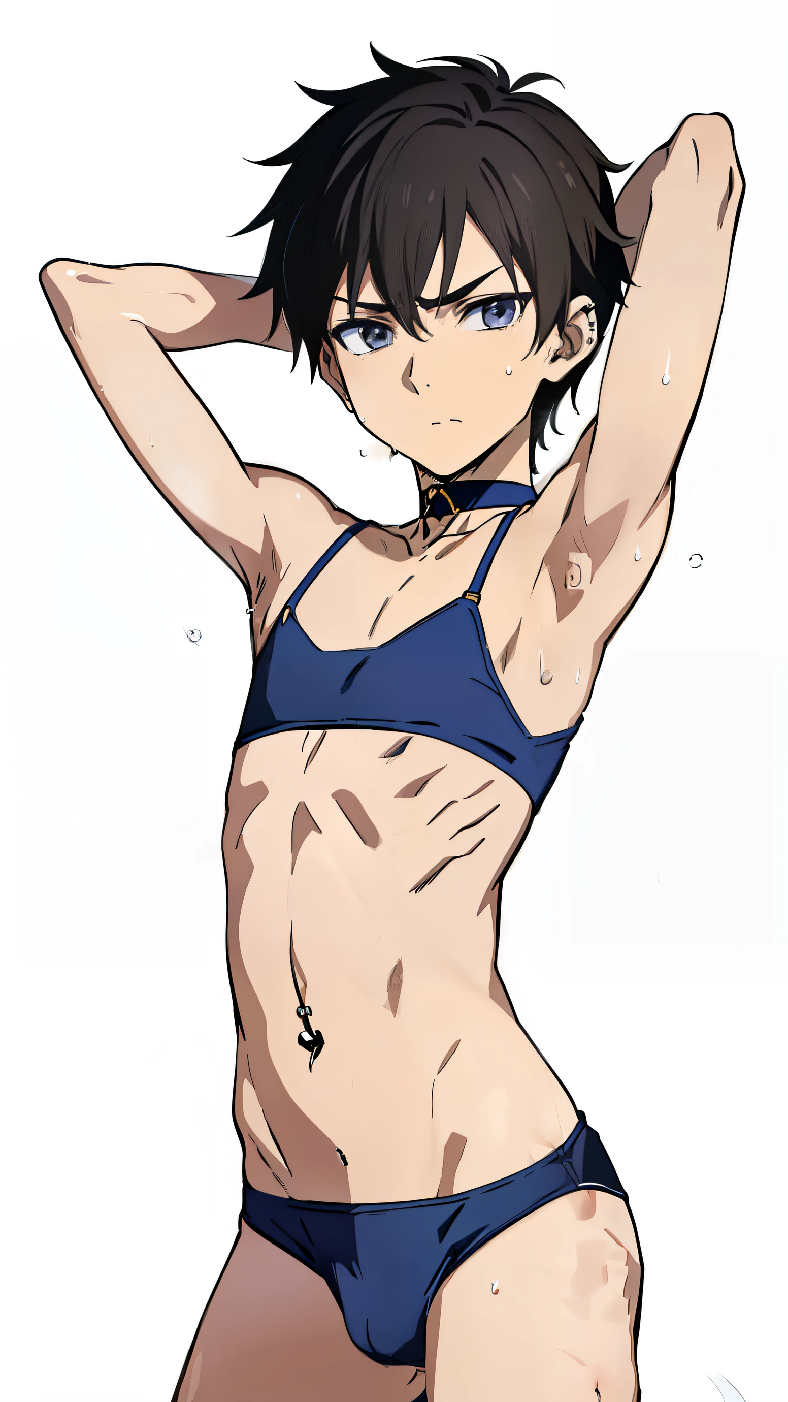 Highres, Masterpiece, Best quality at best,Best Quality,hight quality, hight detailed, Anime style, (s), (showing two armpit:1.3), navel piercing, underwear, gay, Slim body, choker, body full of sweat, steam, (very thin body), (very young boy), (very small and short body)