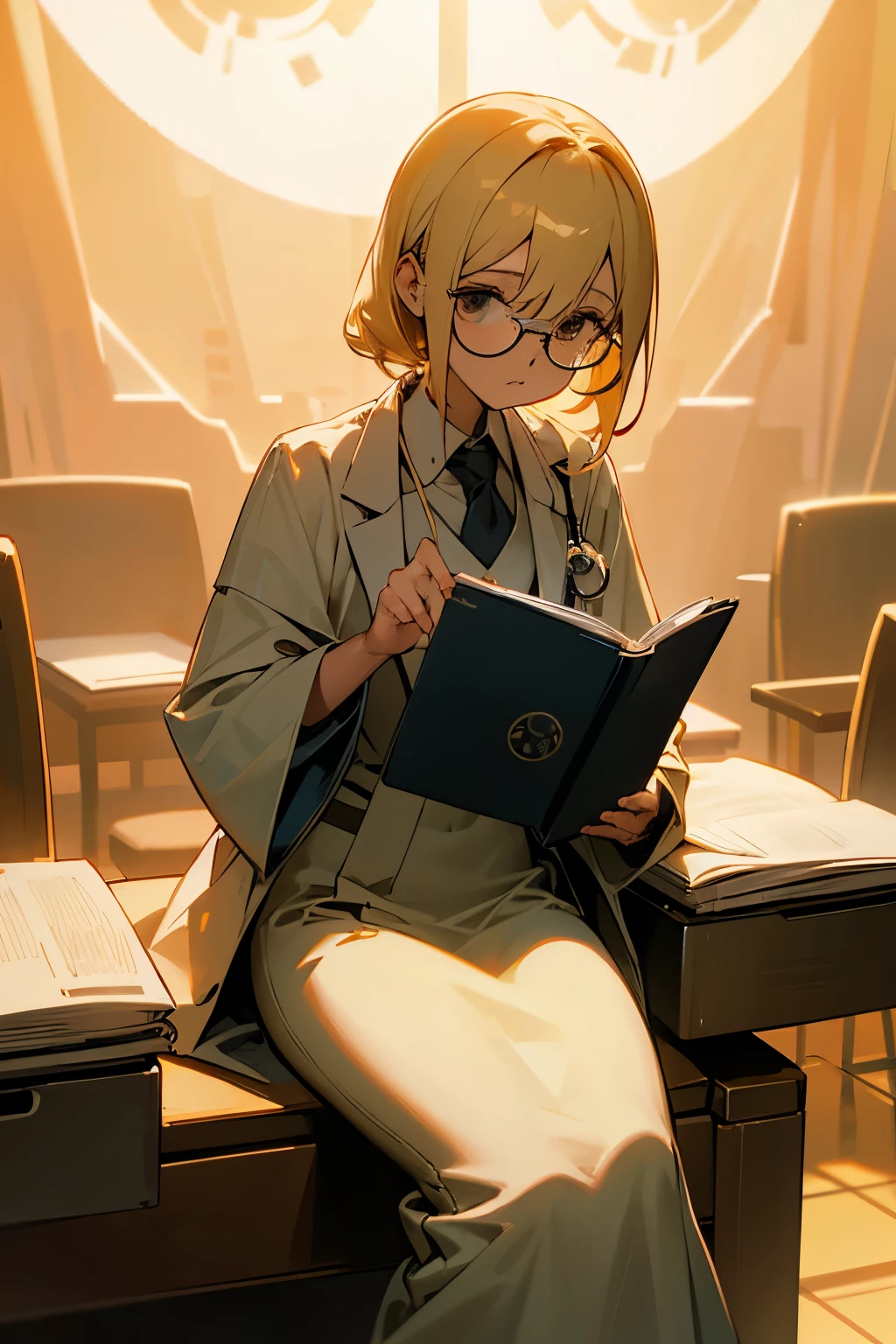 skinny girl, blonde in round glasses, doctor, in a medical gown, sitting at the table, in the hands of a folder of documents pressed to the chest, the lights of a sun, 4k, ultra quality
