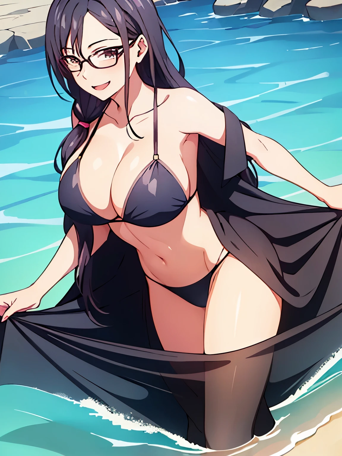 1 milf, long hair, wearing glasses, wearing a black bikini, smiling