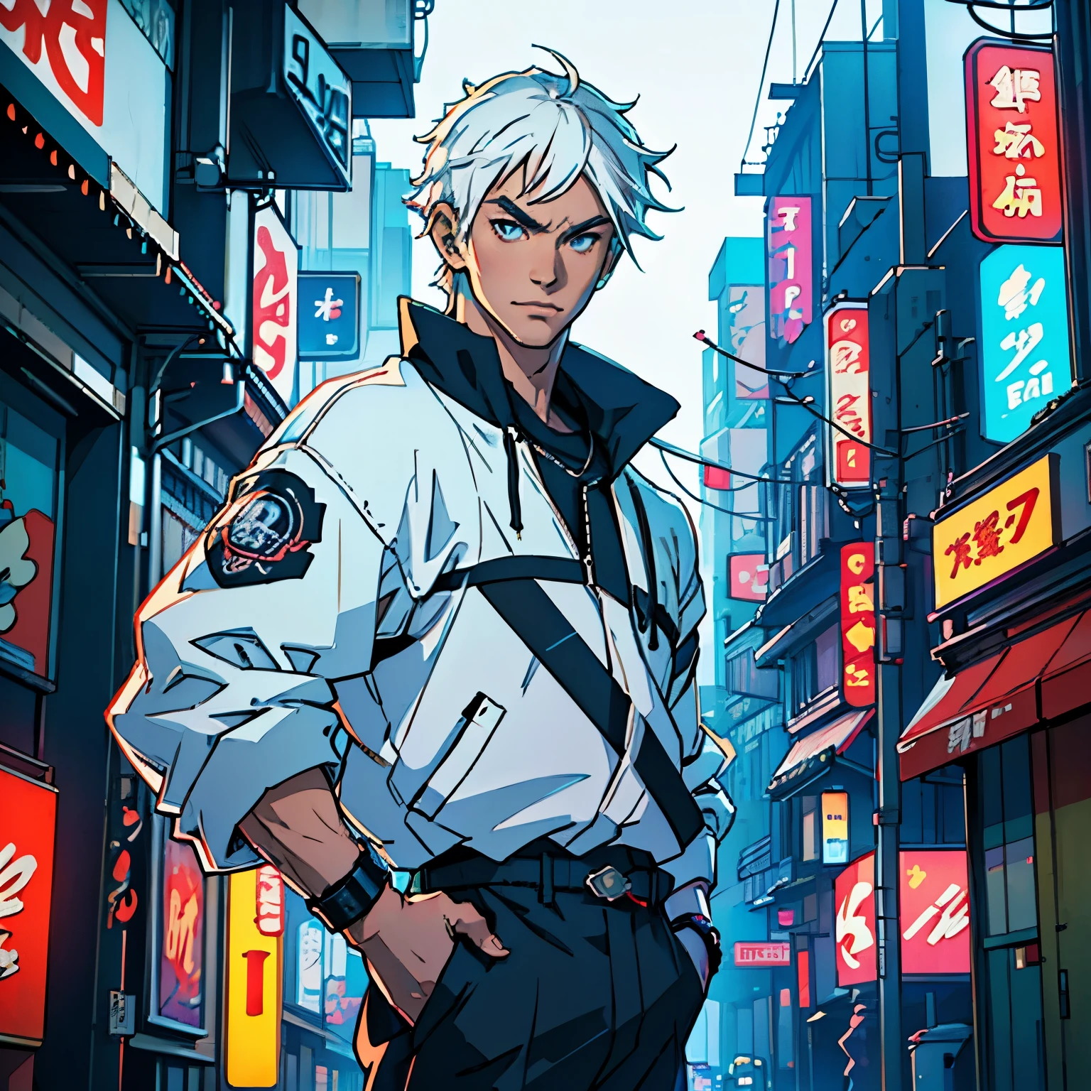 "Young Japanese man with medium-length white hair, white eyebrows, blue eyes, dressed in Japanese streetwear style, (best quality, highres, realistic:1.37), vivid colors, urban, cityscape, neon lights, bustling streets, stylish accessories, modern Tokyo, contemporary fashion, anime influence, graffiti art, cinematographic composition, atmospheric lighting, dynamic pose, confident expression, contrasting textures, urban backdrop, energetic vibe"