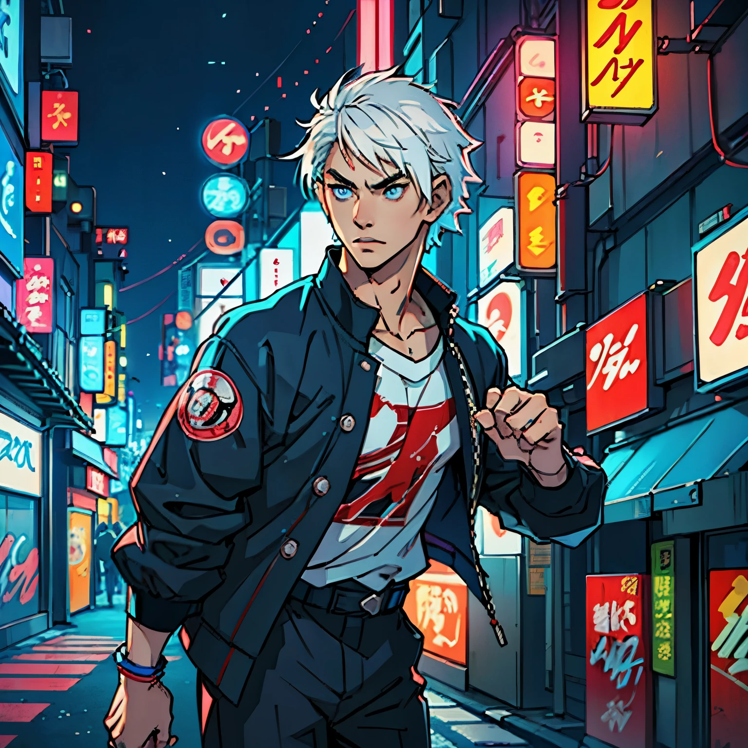 "Young Japanese man with medium-length white hair, white eyebrows, blue eyes, dressed in Japanese streetwear style, (best quality, highres, realistic:1.37), vivid colors, urban, cityscape, neon lights, bustling streets, stylish accessories, modern Tokyo, contemporary fashion, anime influence, graffiti art, cinematographic composition, atmospheric lighting, dynamic pose, confident expression, contrasting textures, urban backdrop, energetic vibe"