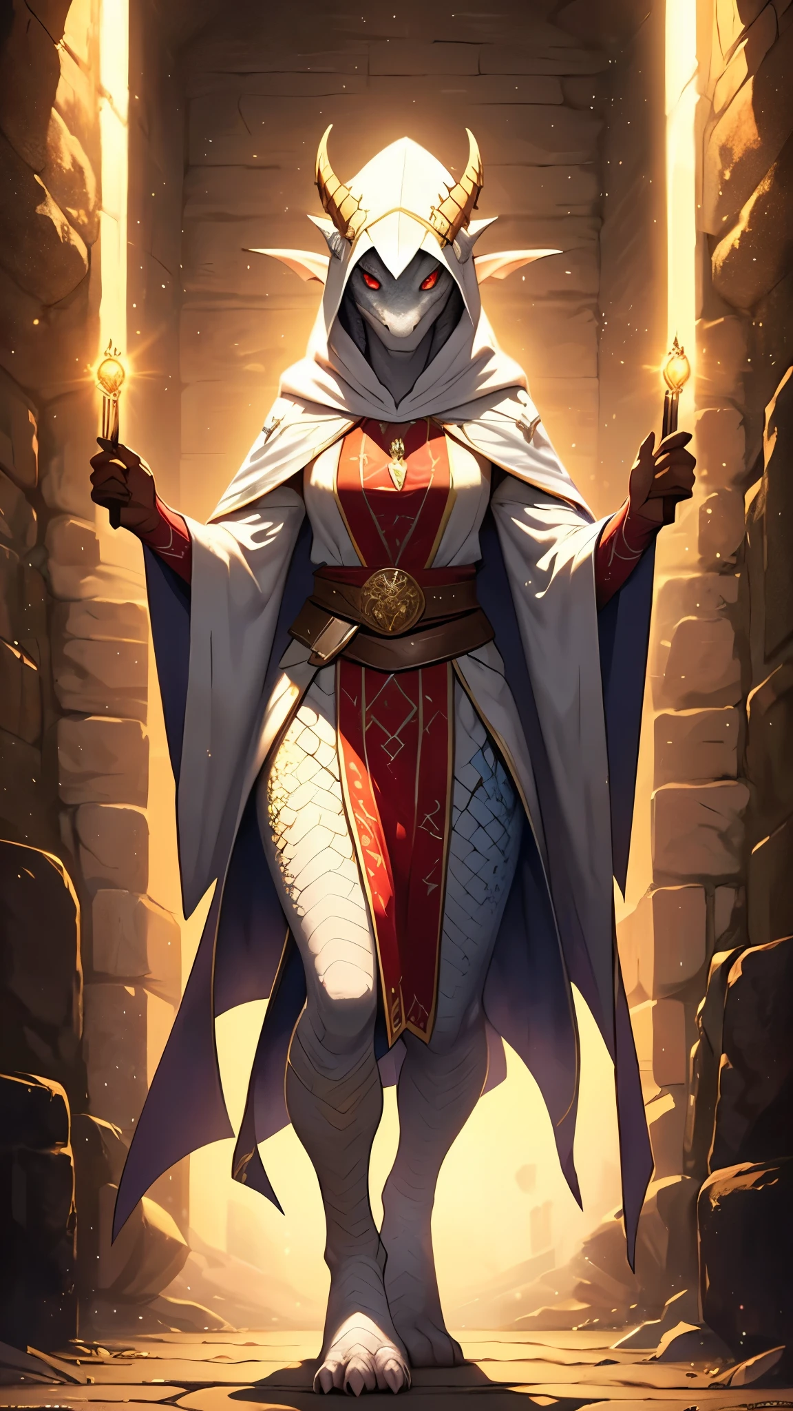 masterpiece, (1man), extremely detailed female character, full body shot, best quality, dnd, dungeons and dragons, (thick, athletic, pointy ears), (white dragonborn, anthro, horns, red eyes, scales skin, damaged), medieval era, fantasy clothes, anime style, (medieval fantasy tribal cloth robe with hood, holy light)