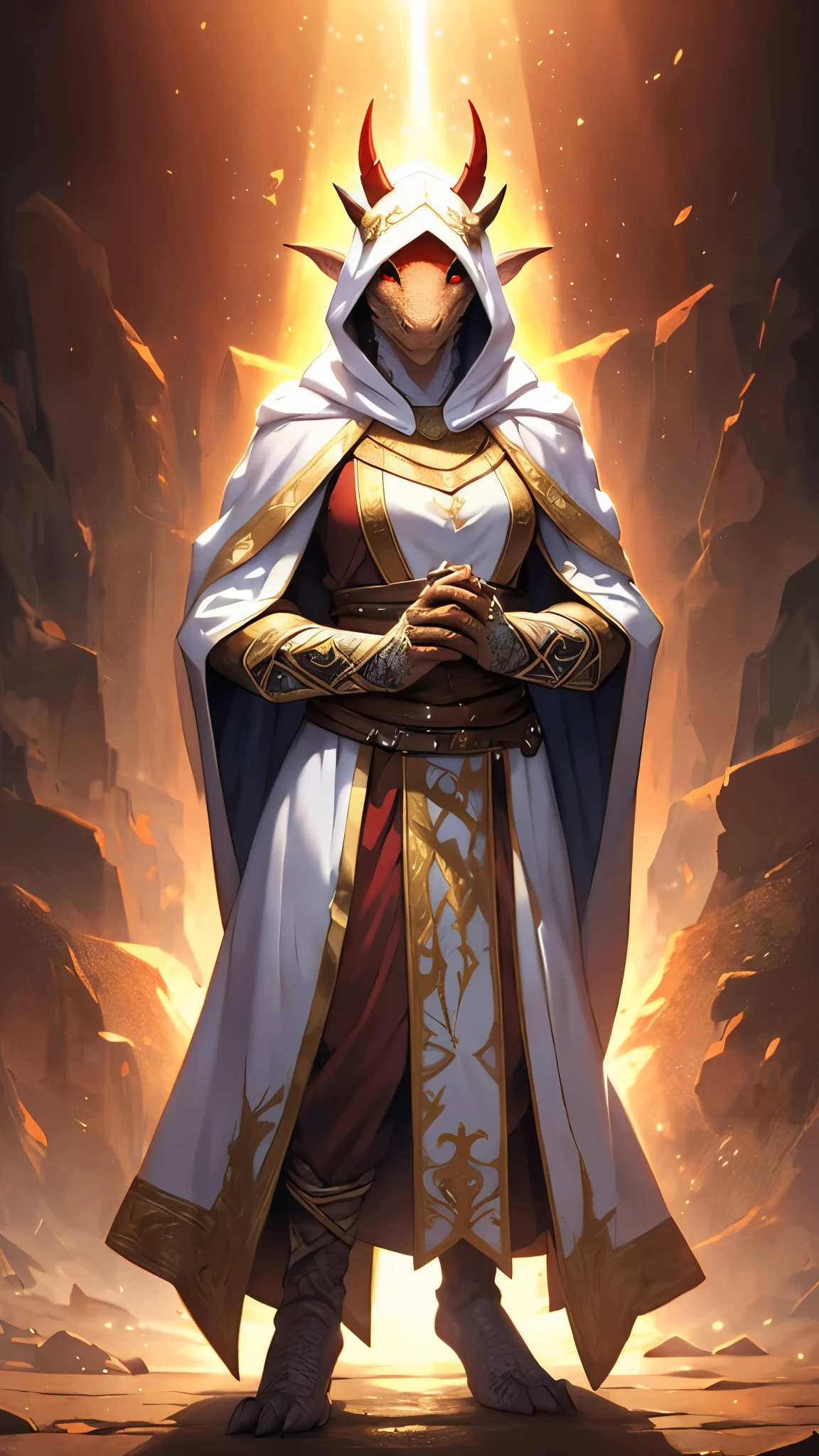 masterpiece, (1man), extremely detailed female character, full body shot, best quality, dnd, dungeons and dragons, (thick, athletic, pointy ears), (white dragonborn, anthro, horns, red eyes, scales skin, damaged), medieval era, fantasy clothes, anime style, (medieval fantasy tribal cloth robe with hood, holy light)