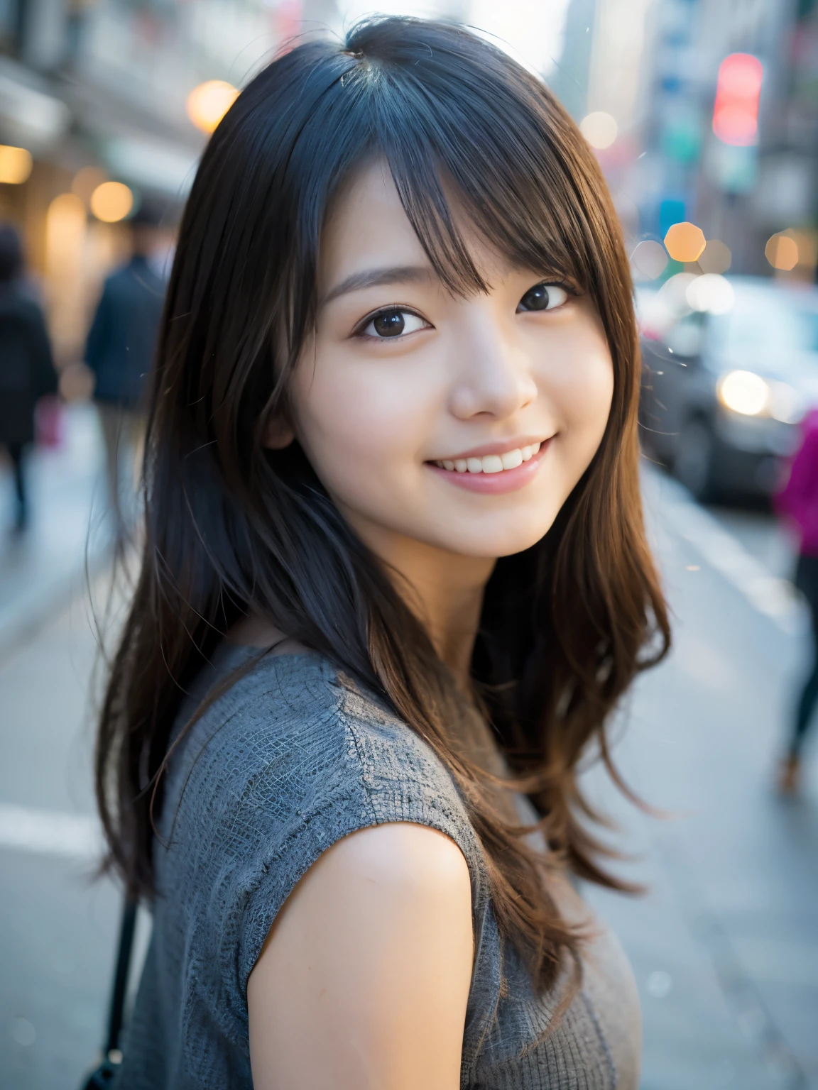 女の子1人、on tokyo street、A city scape、The upper part of the body、a closeup、A smile、、(8K、Raw photography、top-quality、​masterpiece:1.2)、(realisitic、photoRealstic:1.37)、Highly detailed eyelash drawing、(((Top image quality))),small tit、Fine skin, (Beautiful hair), (Perfect Anatomy), (Realistic), (Dynamic Angle), Pose Seductive,Perfect,Sensual look、top-quality、hight resolution、Happy smile